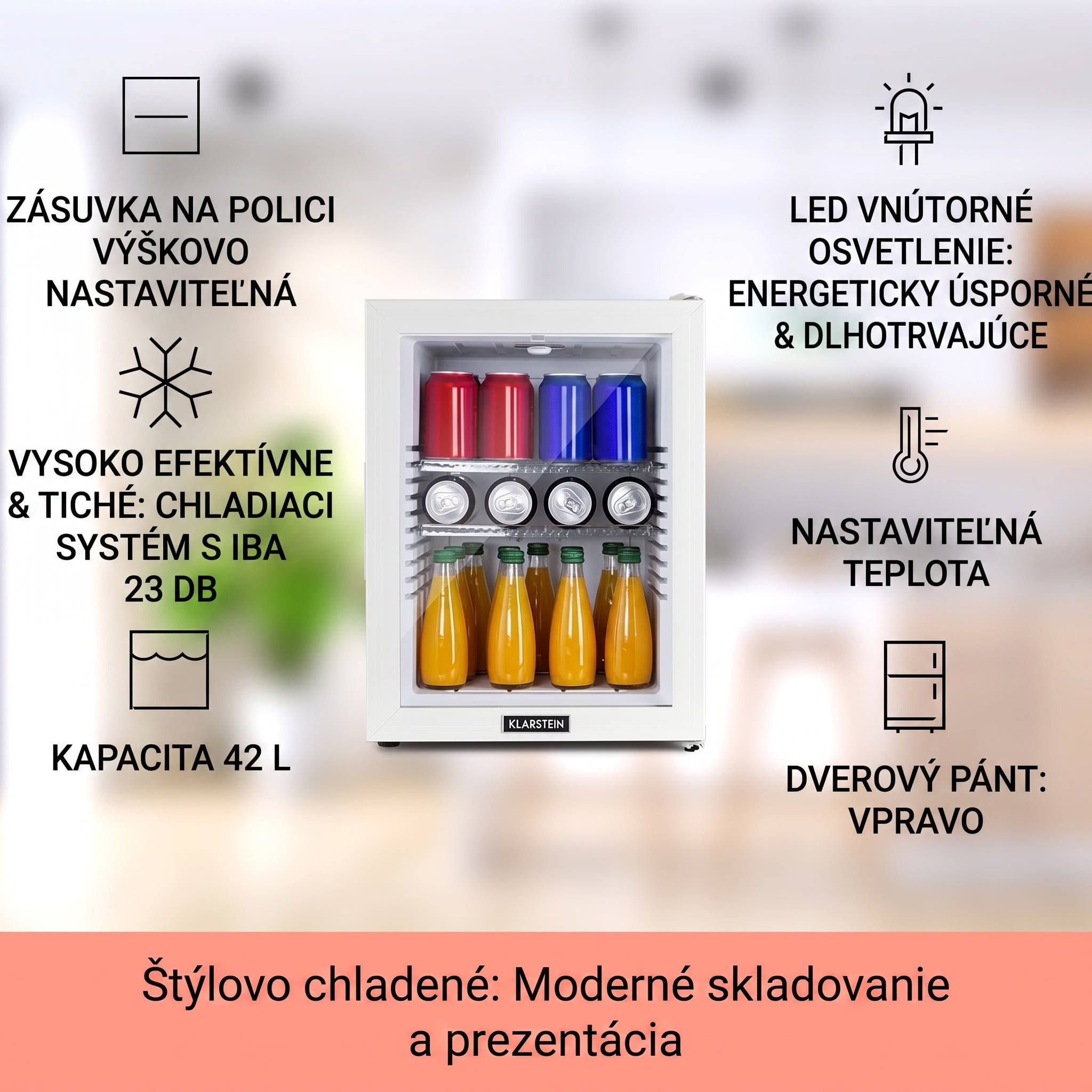 Klarstein Brooklyn 42, mini chladnička, sklenené dvere, LED osvetlenie, police