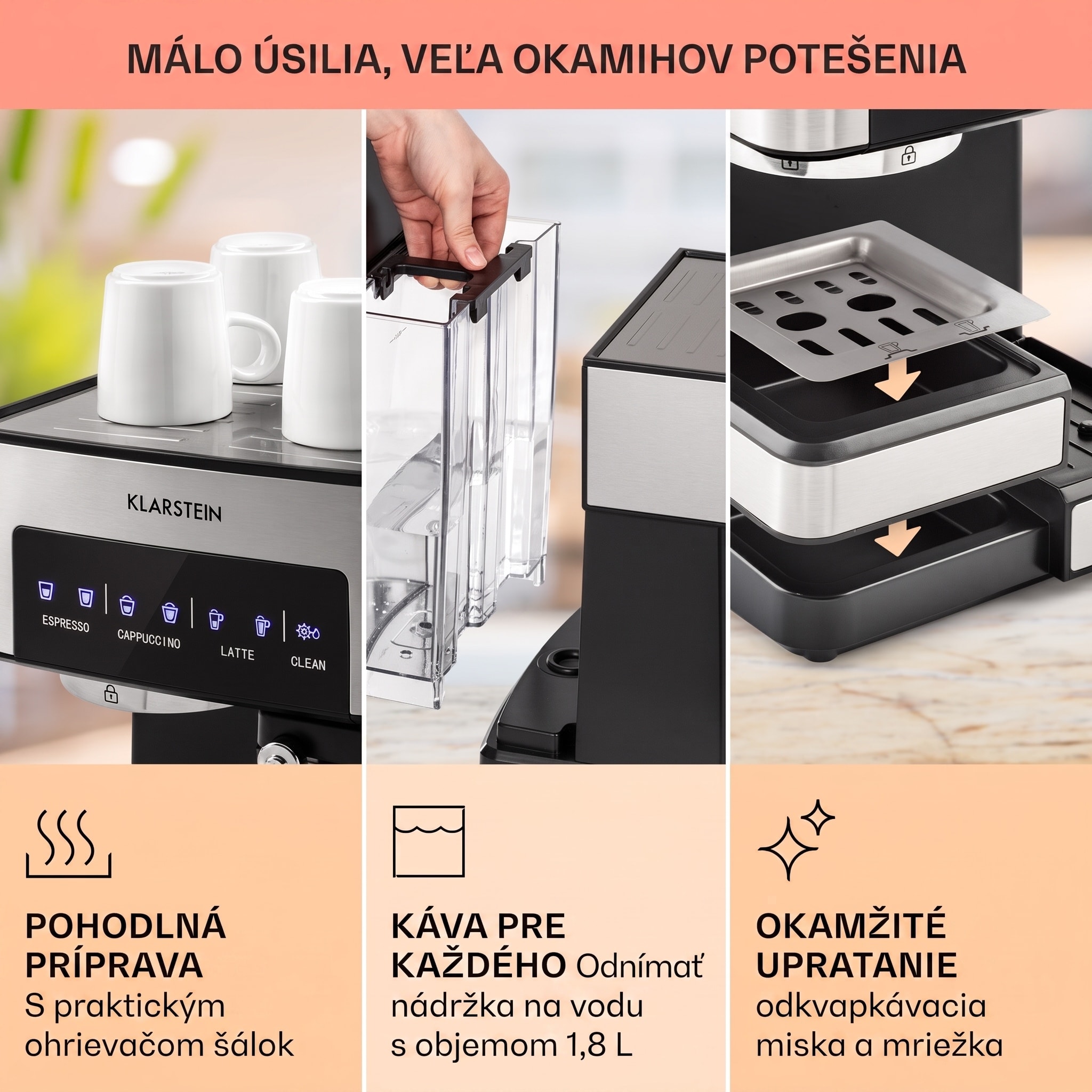 Klarstein Arabica Comfort kávovar s portafiltrom, 1350 W, 20 bar, 1,8 l, dotykový ovládací panel – Obrázok 5