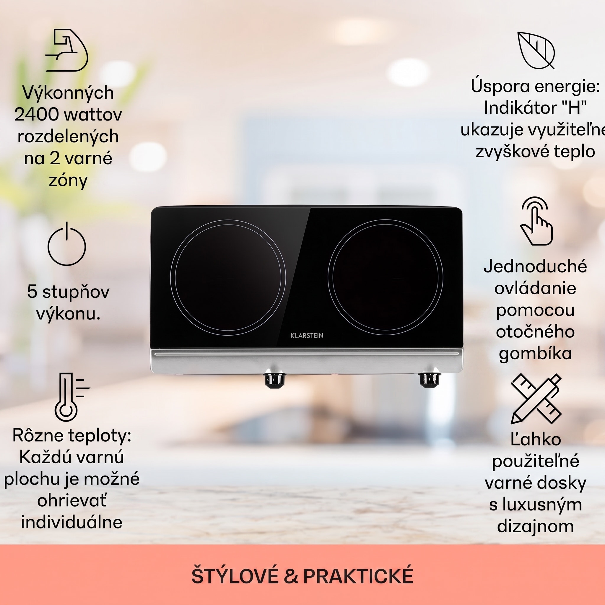 Klarstein Cookbuddy, varná doska, 2400 W, 2 platničky, 5 úrovní výkonu, sklokeramika