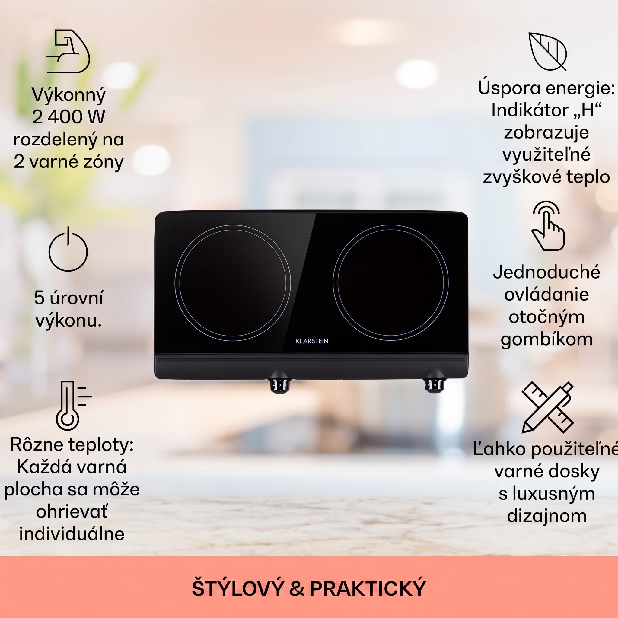 Klarstein Cookbuddy, varná doska, 2400 W, 2 platničky, 5 úrovní výkonu, sklokeramika