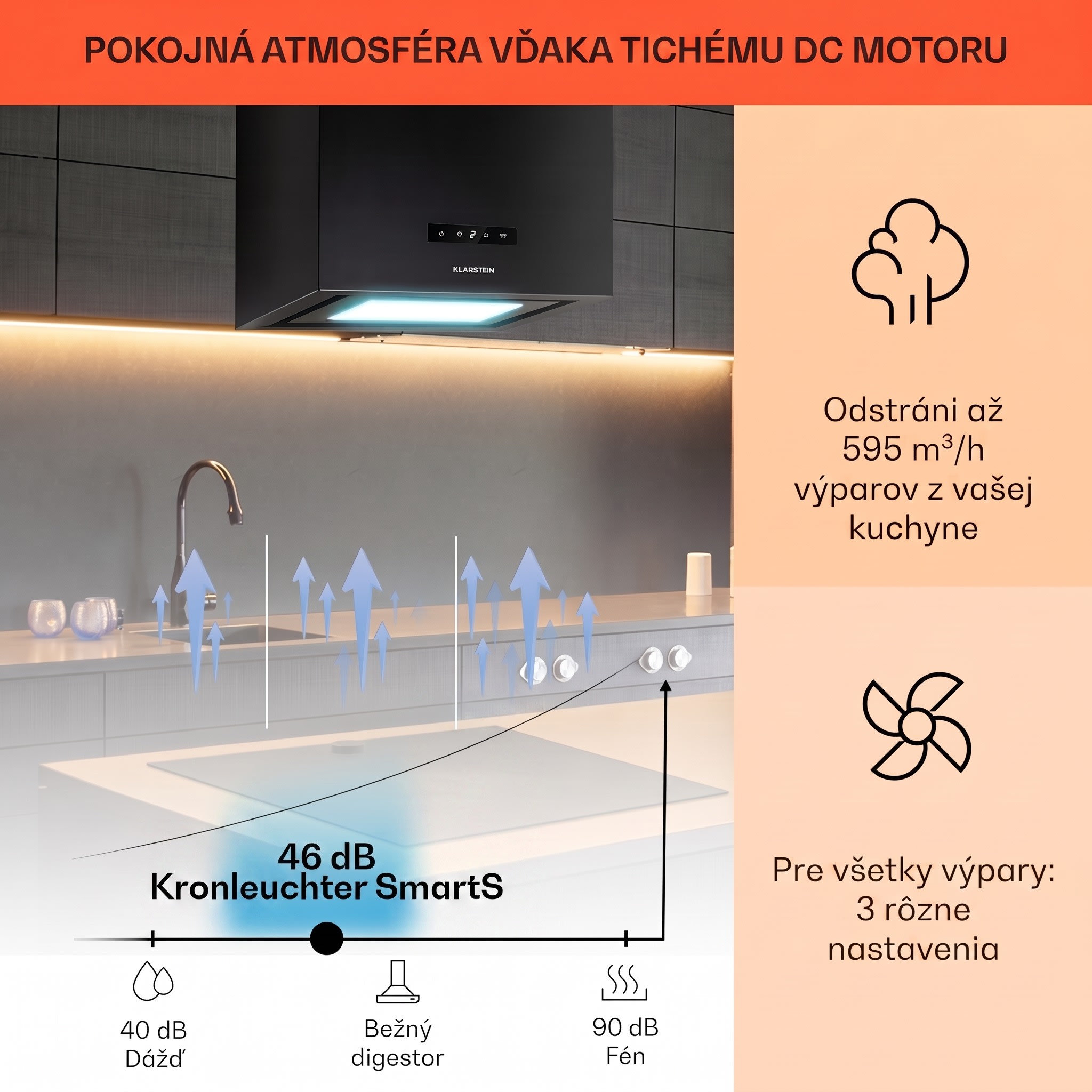 Klarstein Kronleuchter Smart, digestor, 40 cm, ostrovčekový, 595 m³/h, ovládánie cez aplikáciu, LED panel, čierna – Obrázok 2