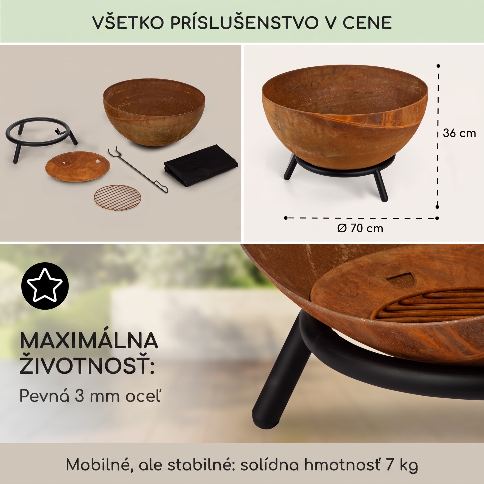Blumfeldt Fireball Rust, ohnisko, Ø 60 cm, výklopný rošt, hrdzavý vzhľad – Obrázok 4