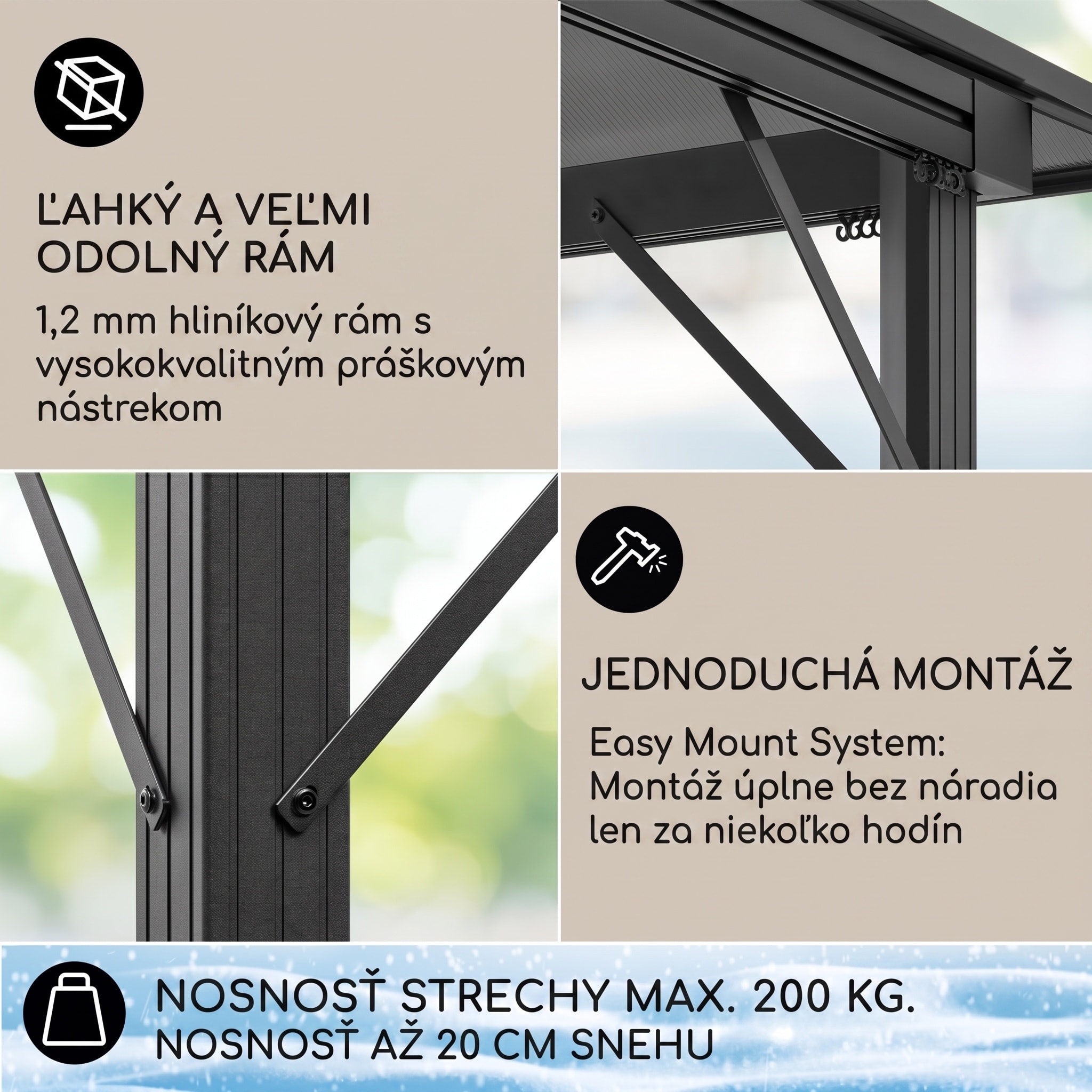 Blumfeldt Pantheon Solid Sky Ambient Solar, altánok, sivá strecha, 3 x 3 m, polykarbonát, hliník – Obrázok 2