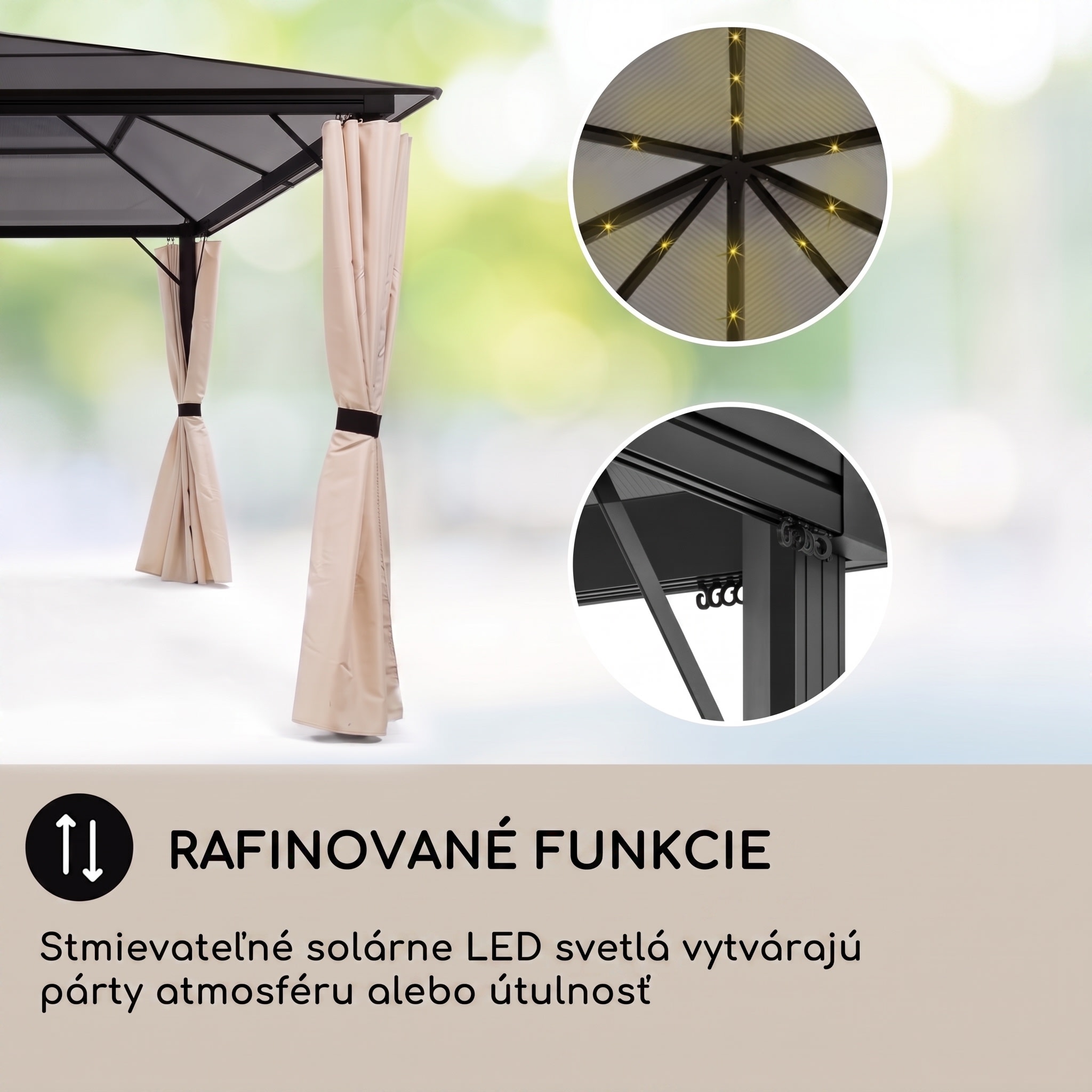 Blumfeldt Pantheon Solid Sky Ambient Solar, altánok, sivá strecha, 3 x 3 m, polykarbonát, hliník – Obrázok 4