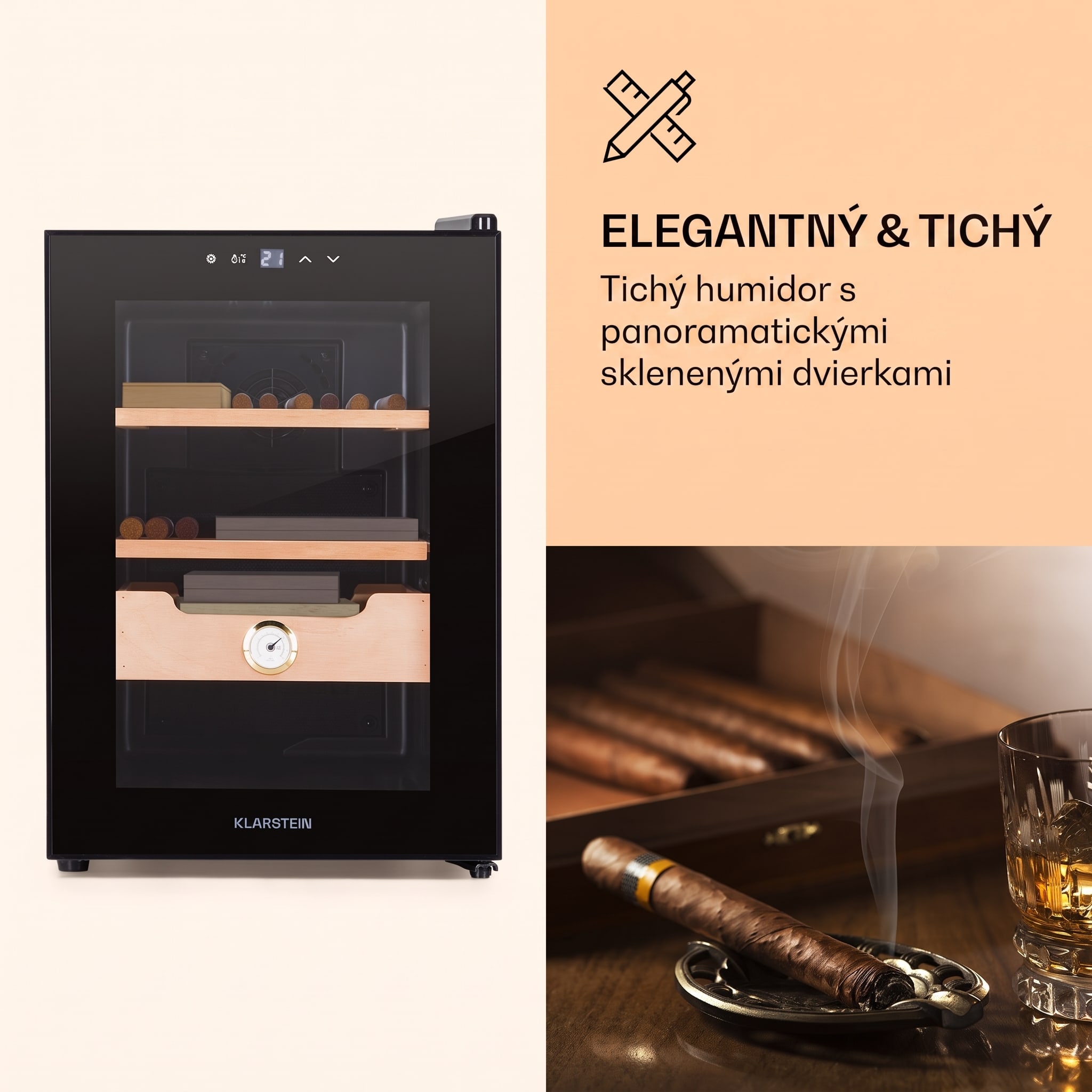 Klarstein El Presidente 37, humidor na cigary, 37 l, 2 zásuvky, 1 priehradka z cédrového dreva – Obrázok 2