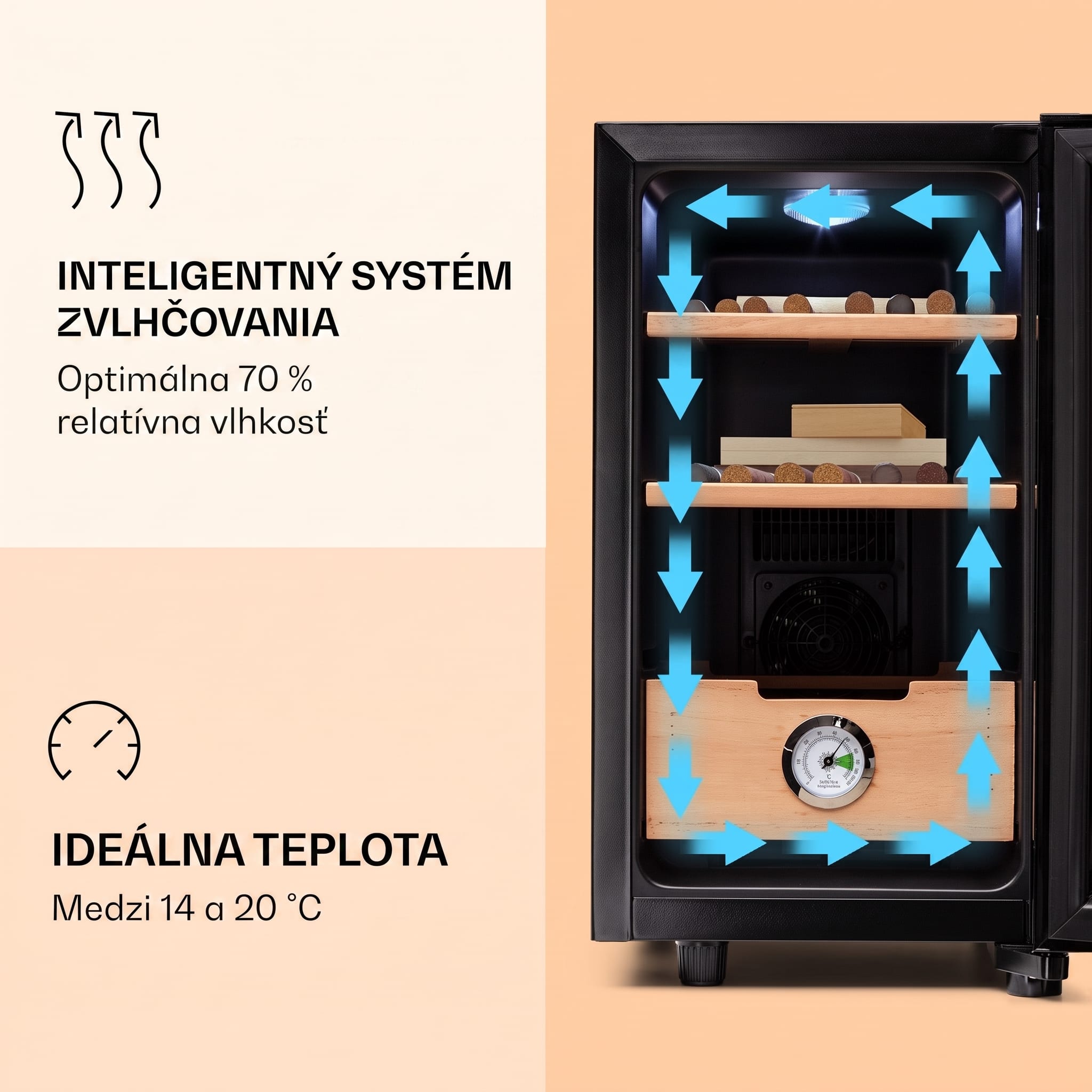 Klarstein El Presidente 23, humidor na cigary, 23 l, 45 W, dotykové ovládanie, bukové drevo, LED – Obrázok 3