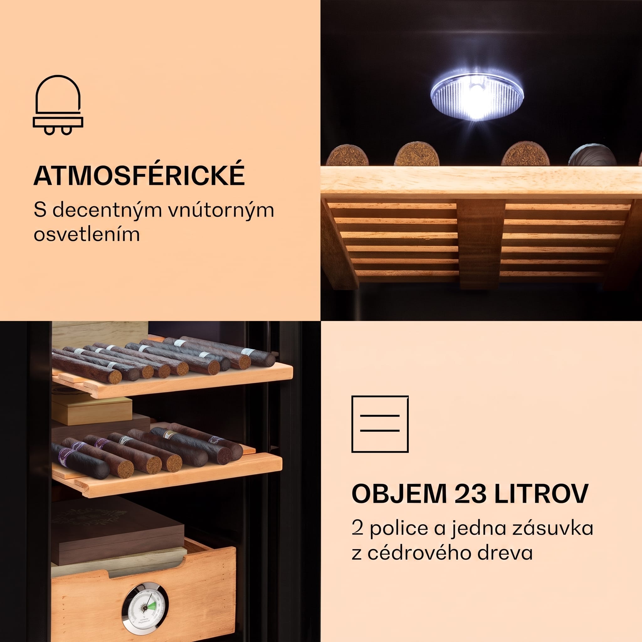 Klarstein El Presidente 23, humidor na cigary, 23 l, 45 W, dotykové ovládanie, bukové drevo, LED – Obrázok 5