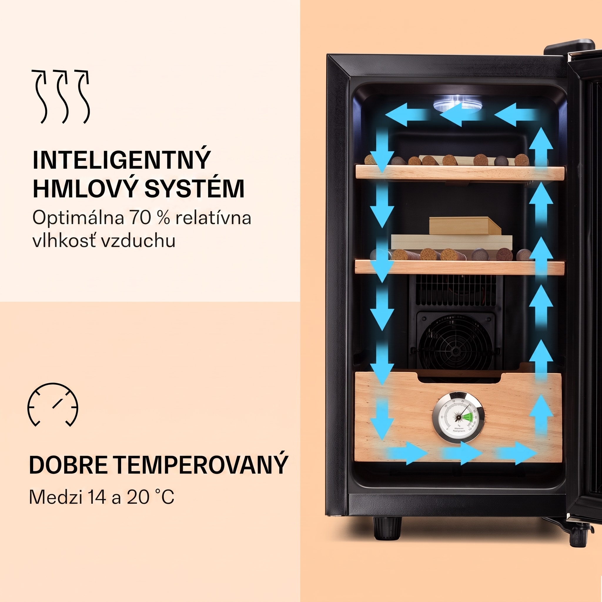 Klarstein El Presidente 23, humidor na cigary, 23 l, 45 W, dotykové ovládanie, bukové drevo, LED – Obrázok 3