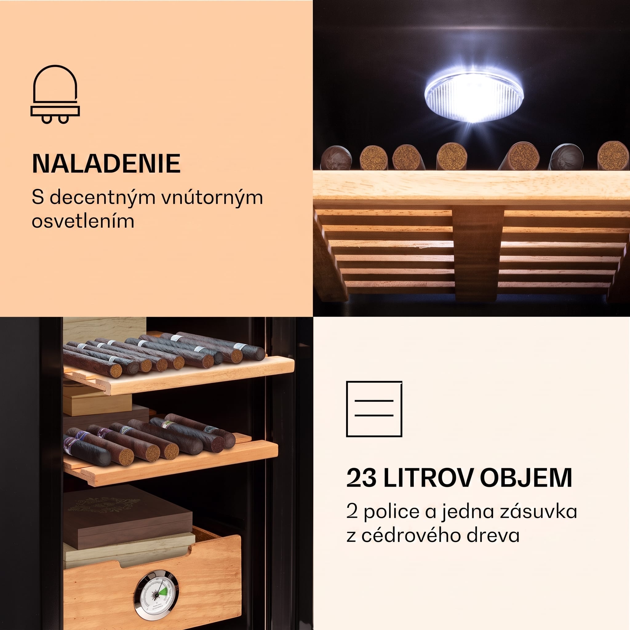 Klarstein El Presidente 23, humidor na cigary, 23 l, 45 W, dotykové ovládanie, bukové drevo, LED – Obrázok 5