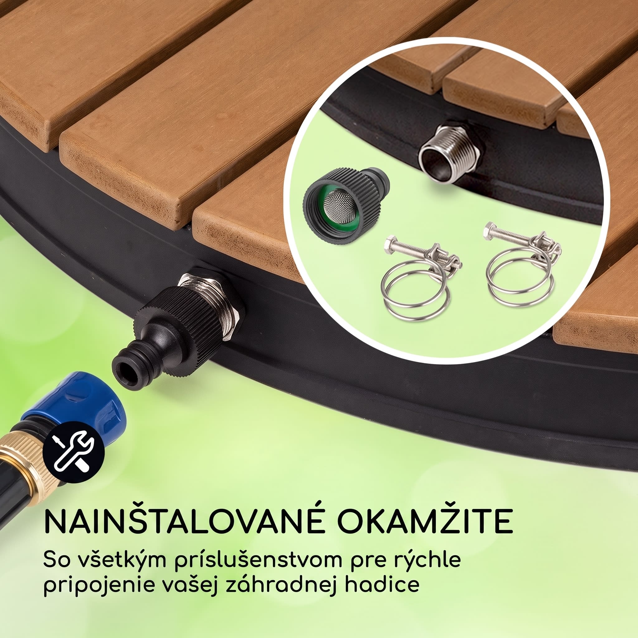 Blumfeldt Sumatra Breeze okrúhla záhradná sprcha WPC hliník 70x55 cm – Obrázok 4