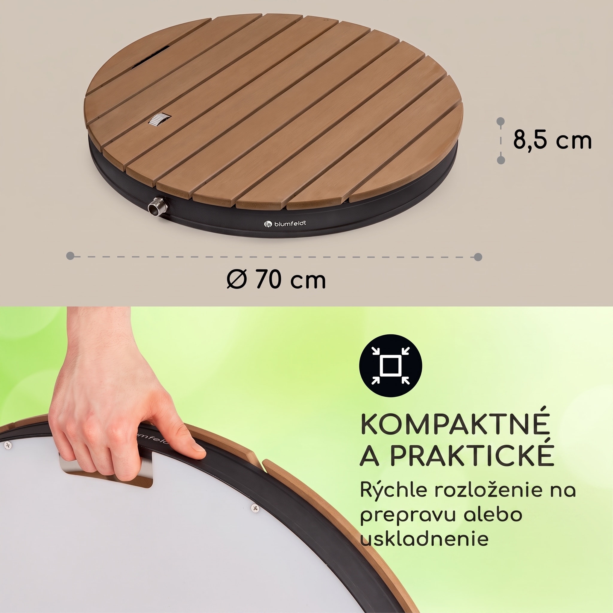 Blumfeldt Sumatra Breeze okrúhla záhradná sprcha WPC hliník 70x55 cm – Obrázok 5
