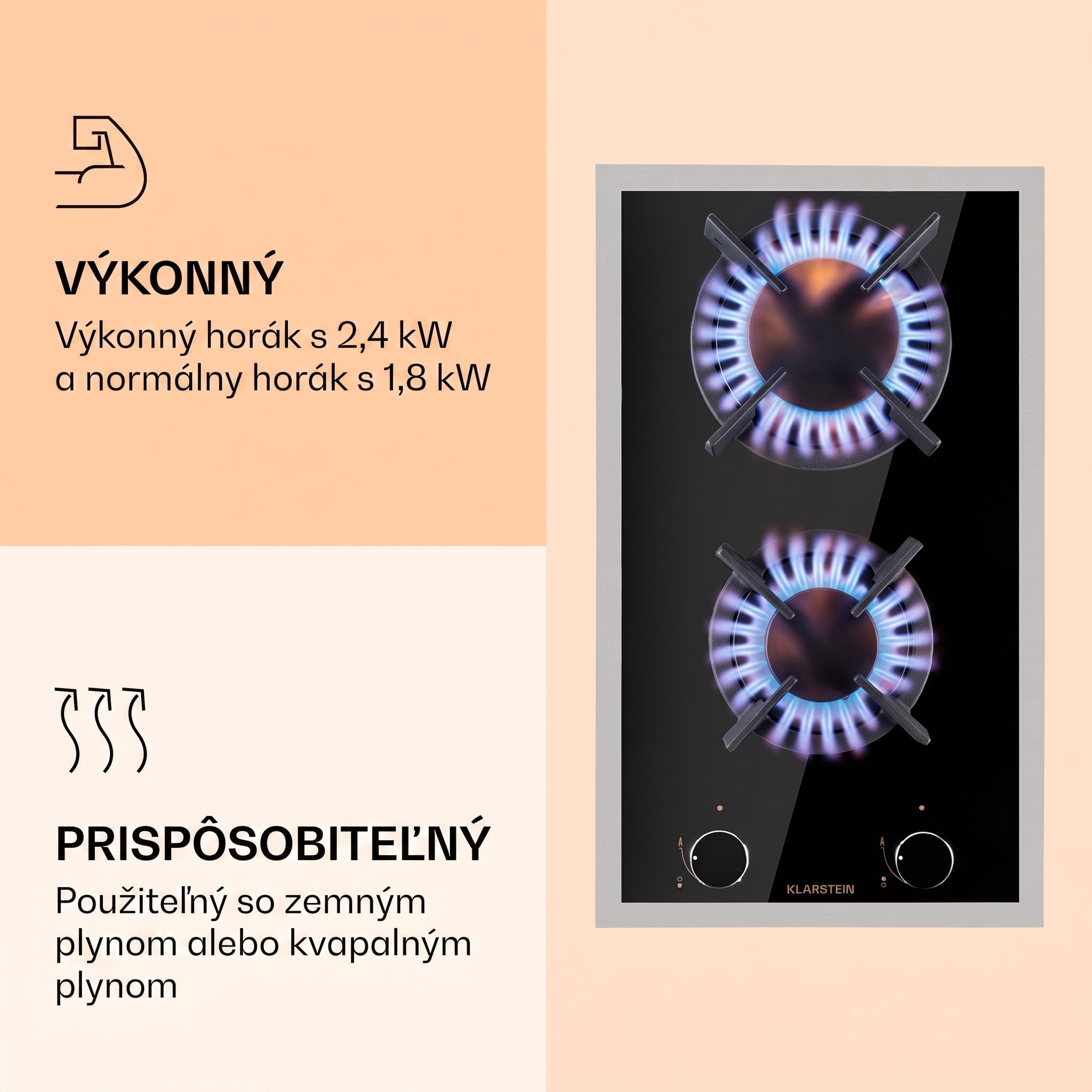 Klarstein Goldflame 2, plynová varná doska, 2 Messing horáky, sklokeramika – Obrázok 3
