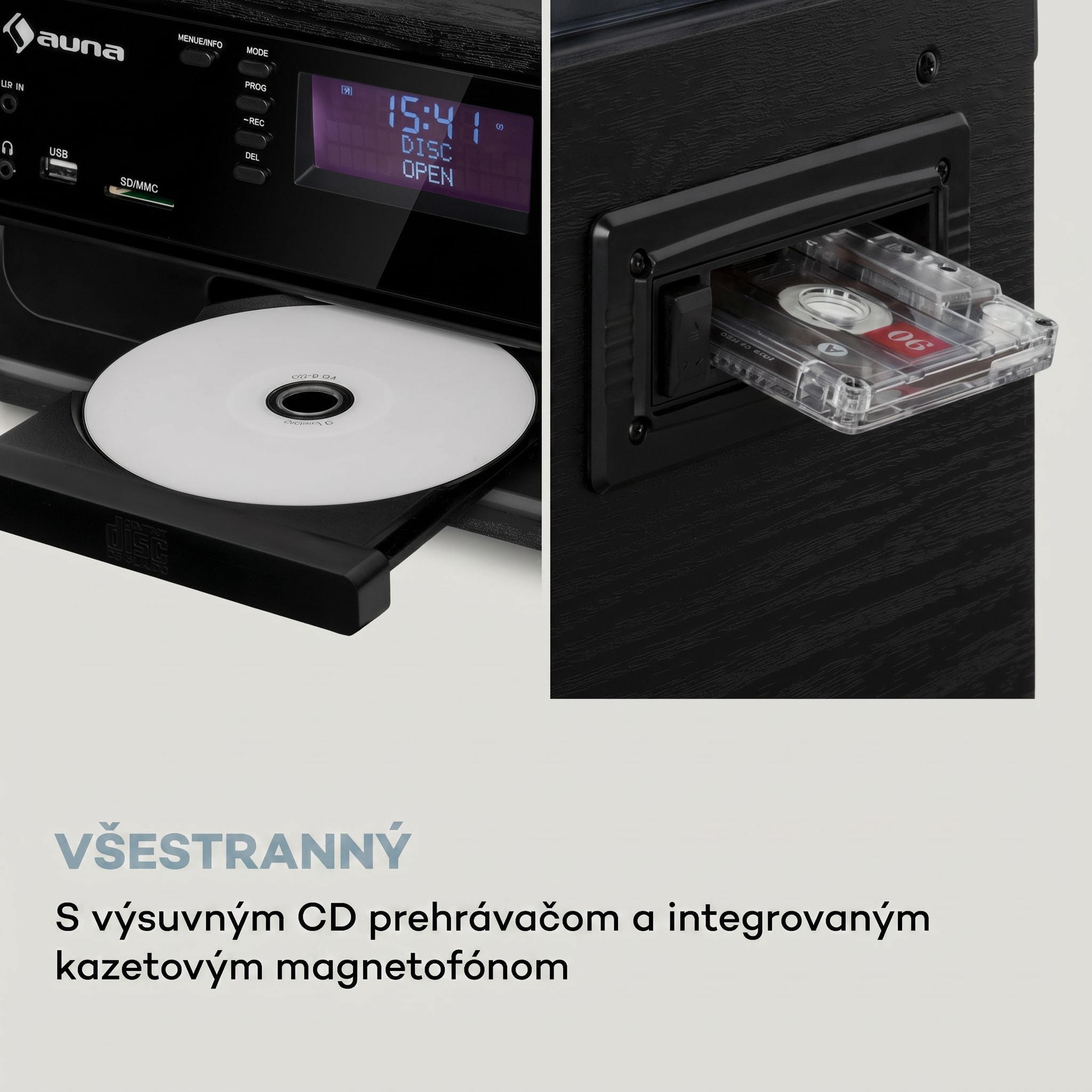 Auna Oakland DAB Plus, retro stereo systém, DAB+/FM, BT funkcia, vinyl, CD prehrávač, kazetový prehrávač. vrátane reproduktorov – Obrázok 4