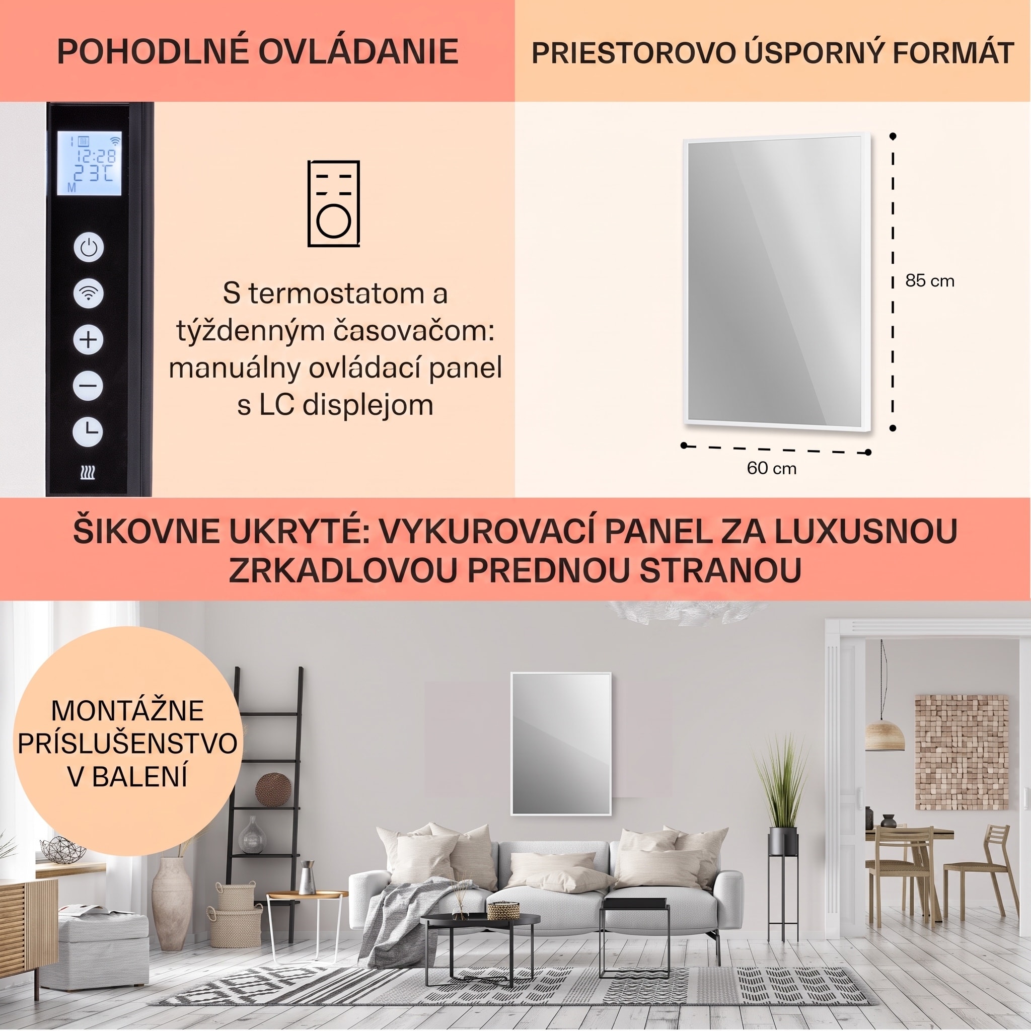 Klarstein La Palma 750 smart, infračervený ohrievač 2 v 1, 85 x 60 cm, 750W, zrkadlová predná časť – Obrázok 5