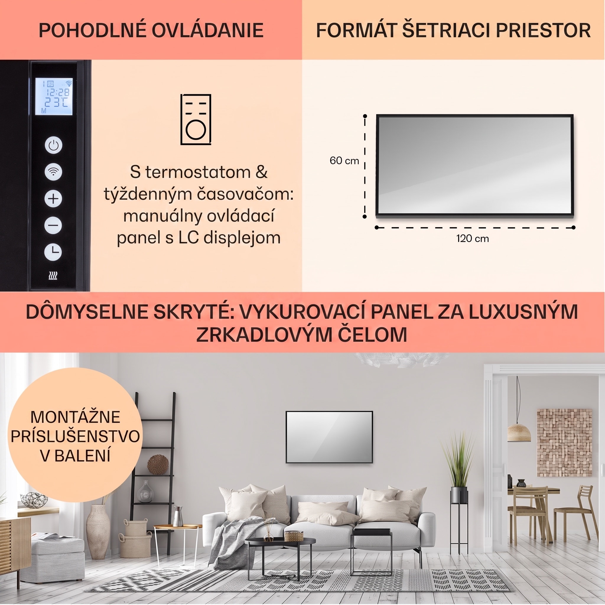 Klarstein La Palma 1000 smart, infračervený ohrievač 2 v 1, 120 x 60 cm, 1000 W, zrkadlová predná časť – Obrázok 5