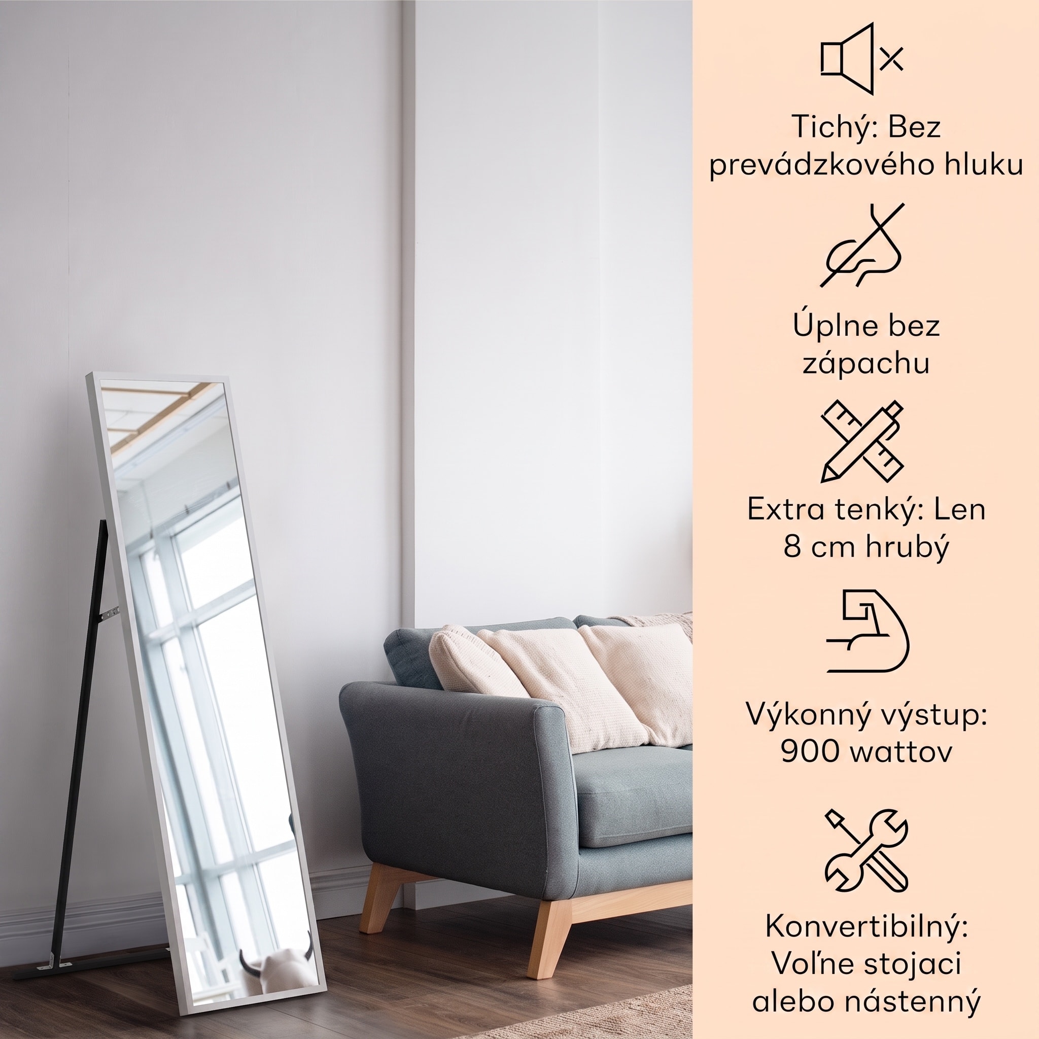 Klarstein La Palma 900 smart, infračervený ohrievač, 40 x 160 cm, 900 W, zrkadlový stojan