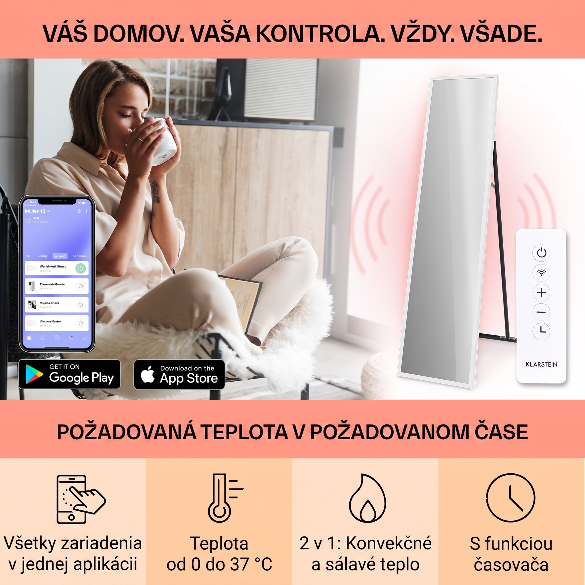 Klarstein La Palma 900 smart, infračervený ohrievač, 40 x 160 cm, 900 W, zrkadlový stojan – Obrázok 2