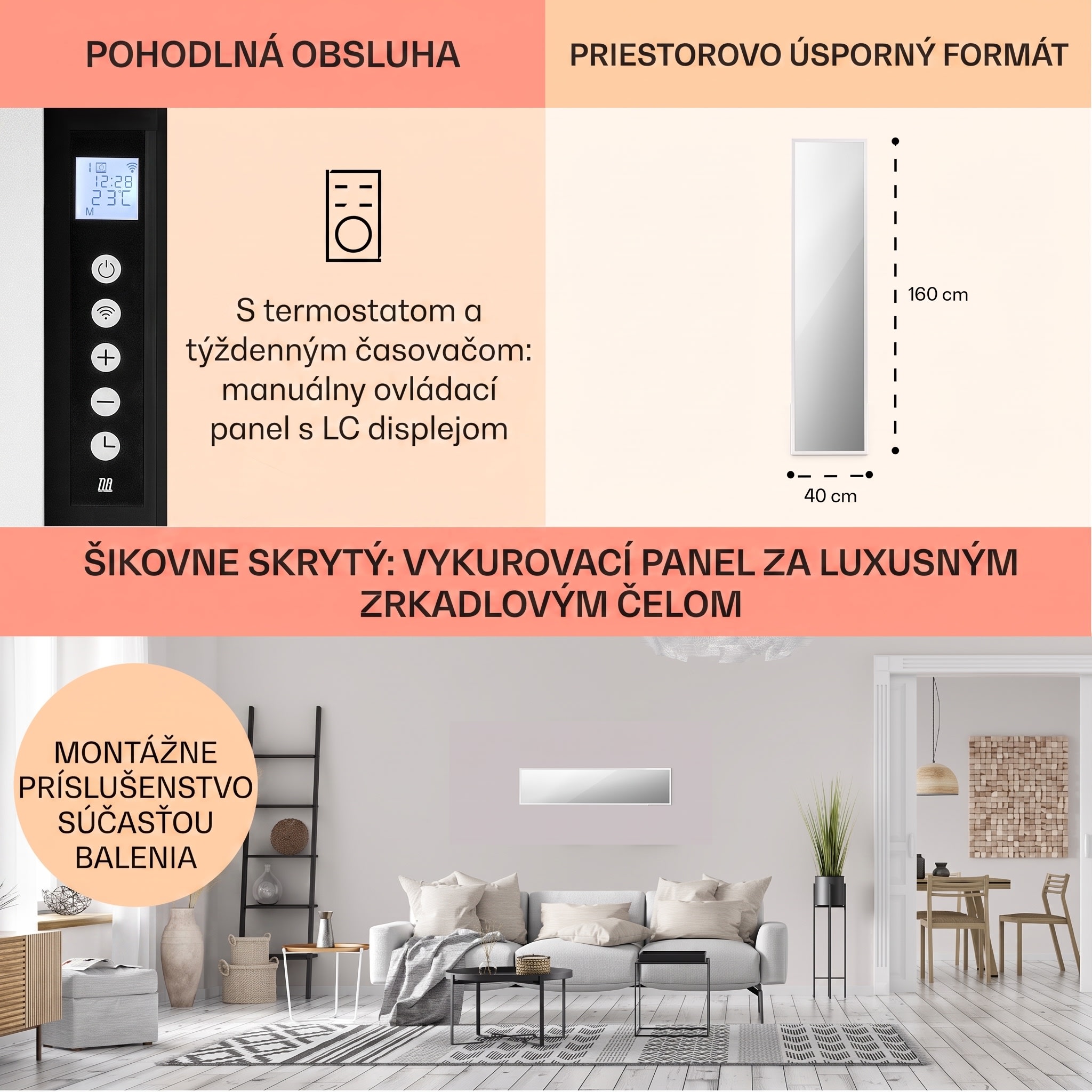 Klarstein La Palma 900 smart, infračervený ohrievač, 40 x 160 cm, 900 W, zrkadlový stojan – Obrázok 5