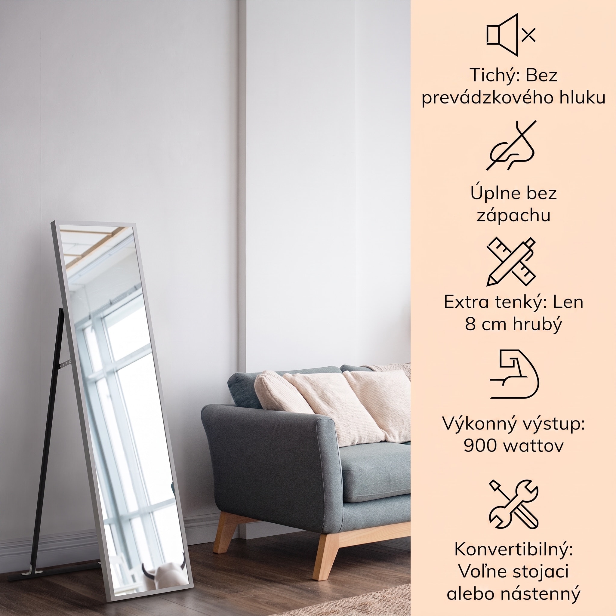 Klarstein La Palma 900 smart, infračervený ohrievač, 40 x 160 cm, 900 W, zrkadlový stojan