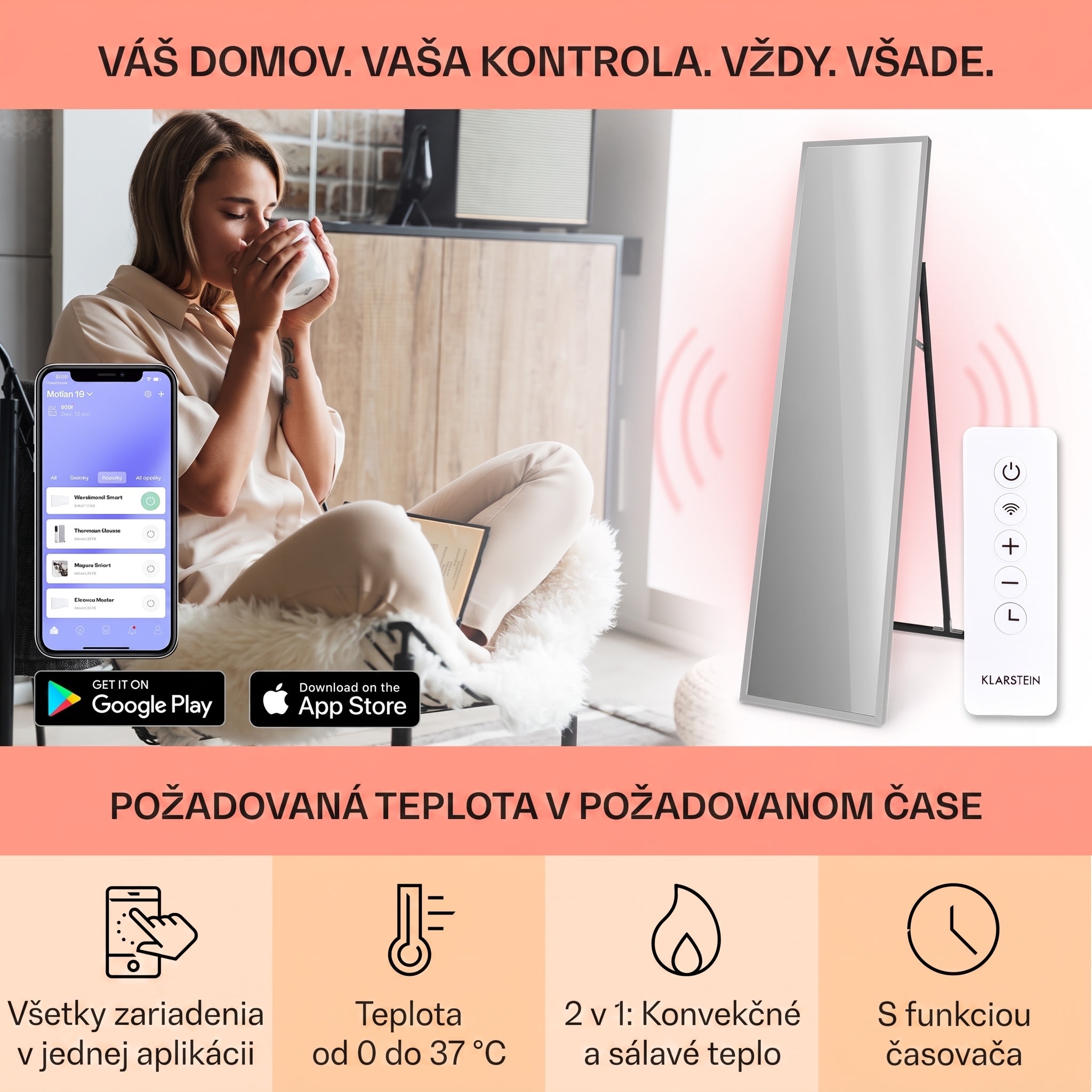 Klarstein La Palma 900 smart, infračervený ohrievač, 40 x 160 cm, 900 W, zrkadlový stojan – Obrázok 2