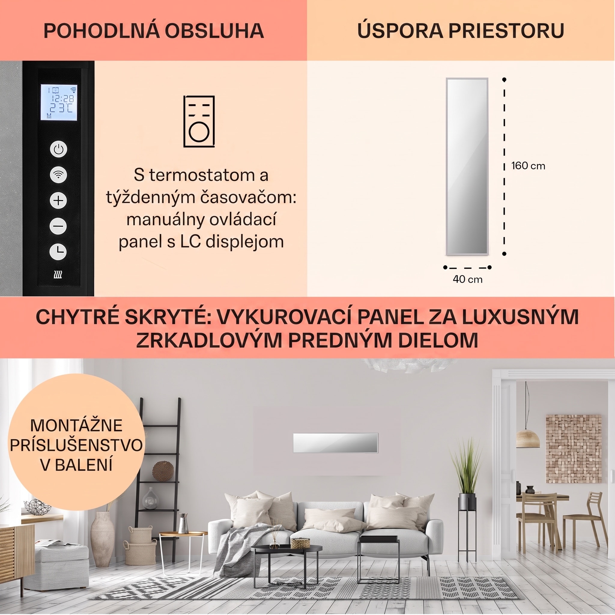 Klarstein La Palma 900 smart, infračervený ohrievač, 40 x 160 cm, 900 W, zrkadlový stojan – Obrázok 5