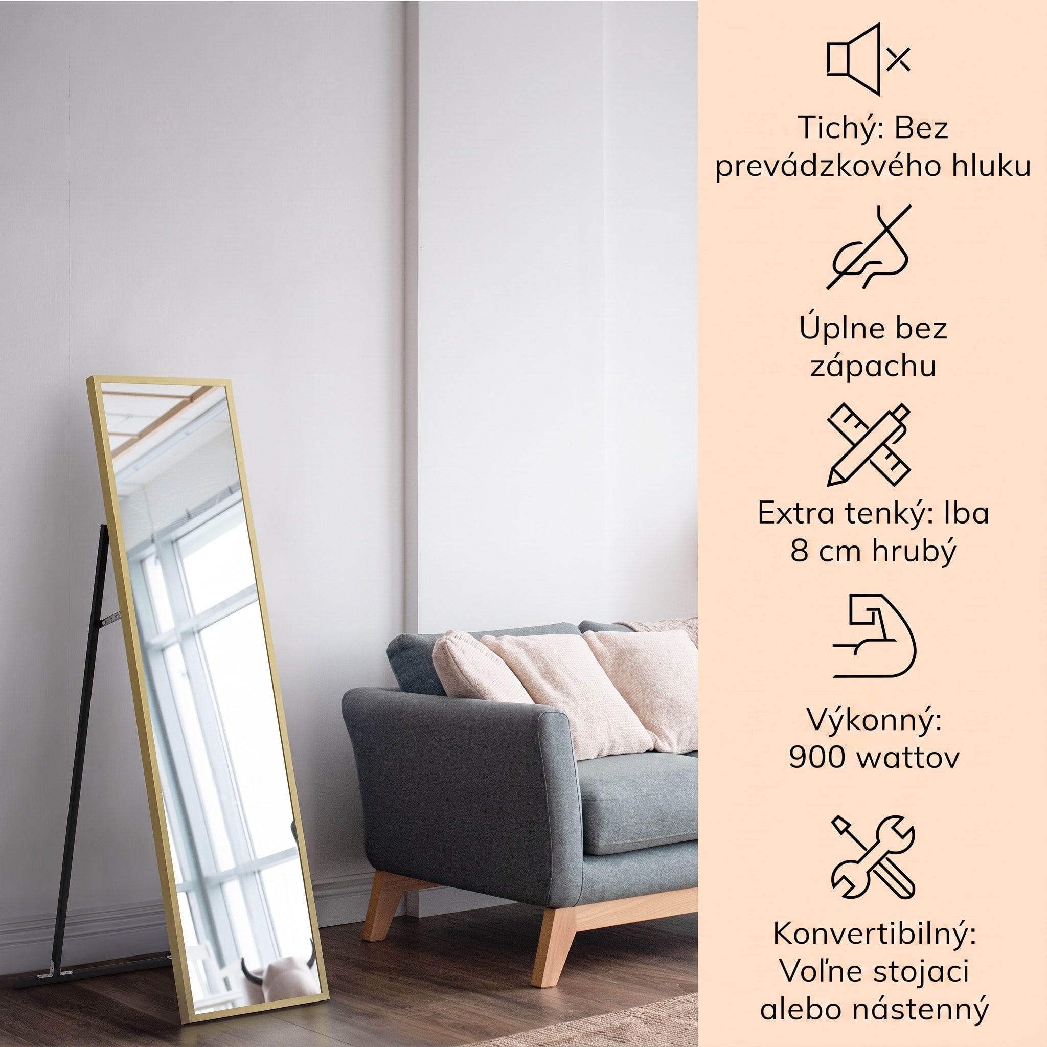 Klarstein La Palma 900 smart, infračervený ohrievač, 40 x 160 cm, 900 W, zrkadlový stojan
