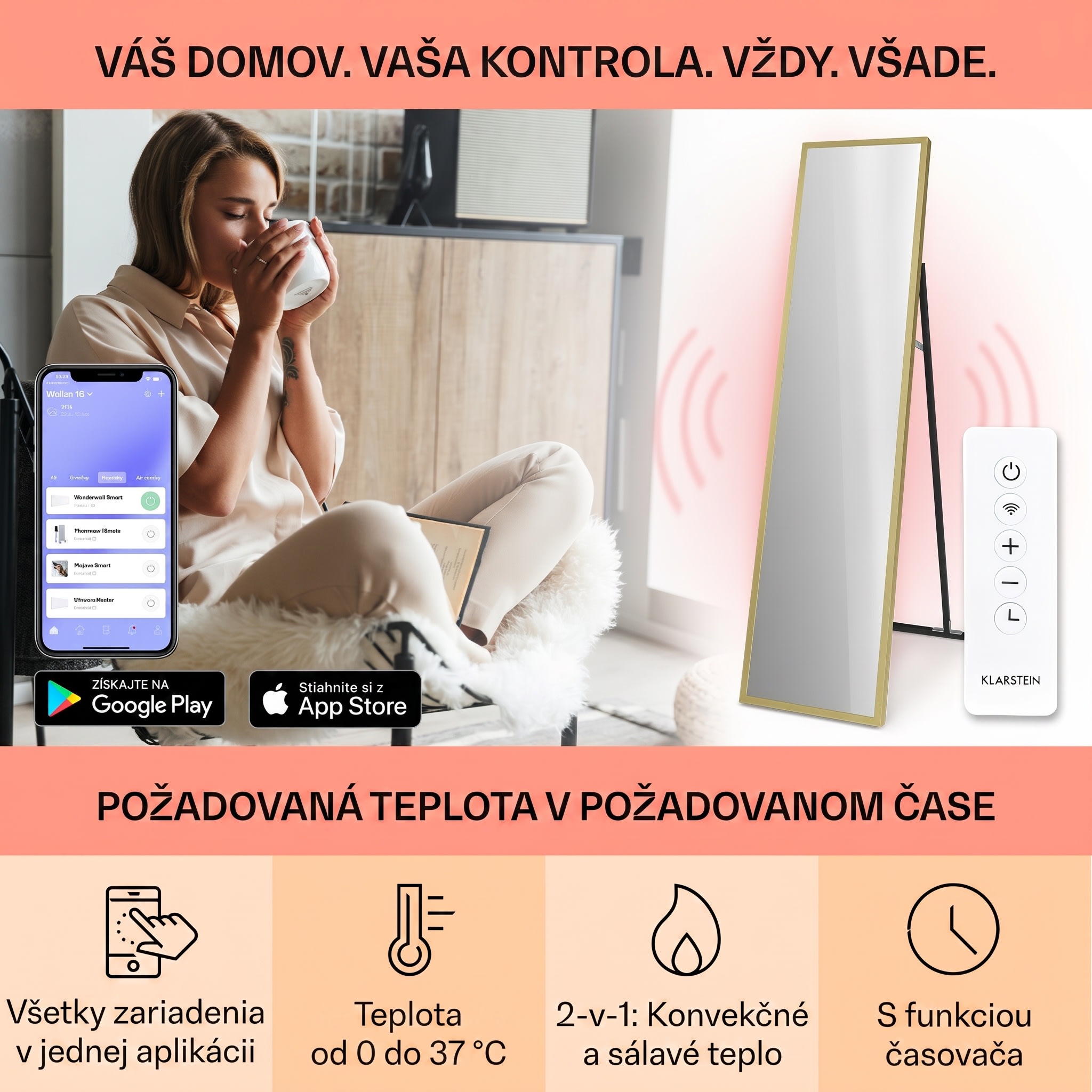 Klarstein La Palma 900 smart, infračervený ohrievač, 40 x 160 cm, 900 W, zrkadlový stojan – Obrázok 2