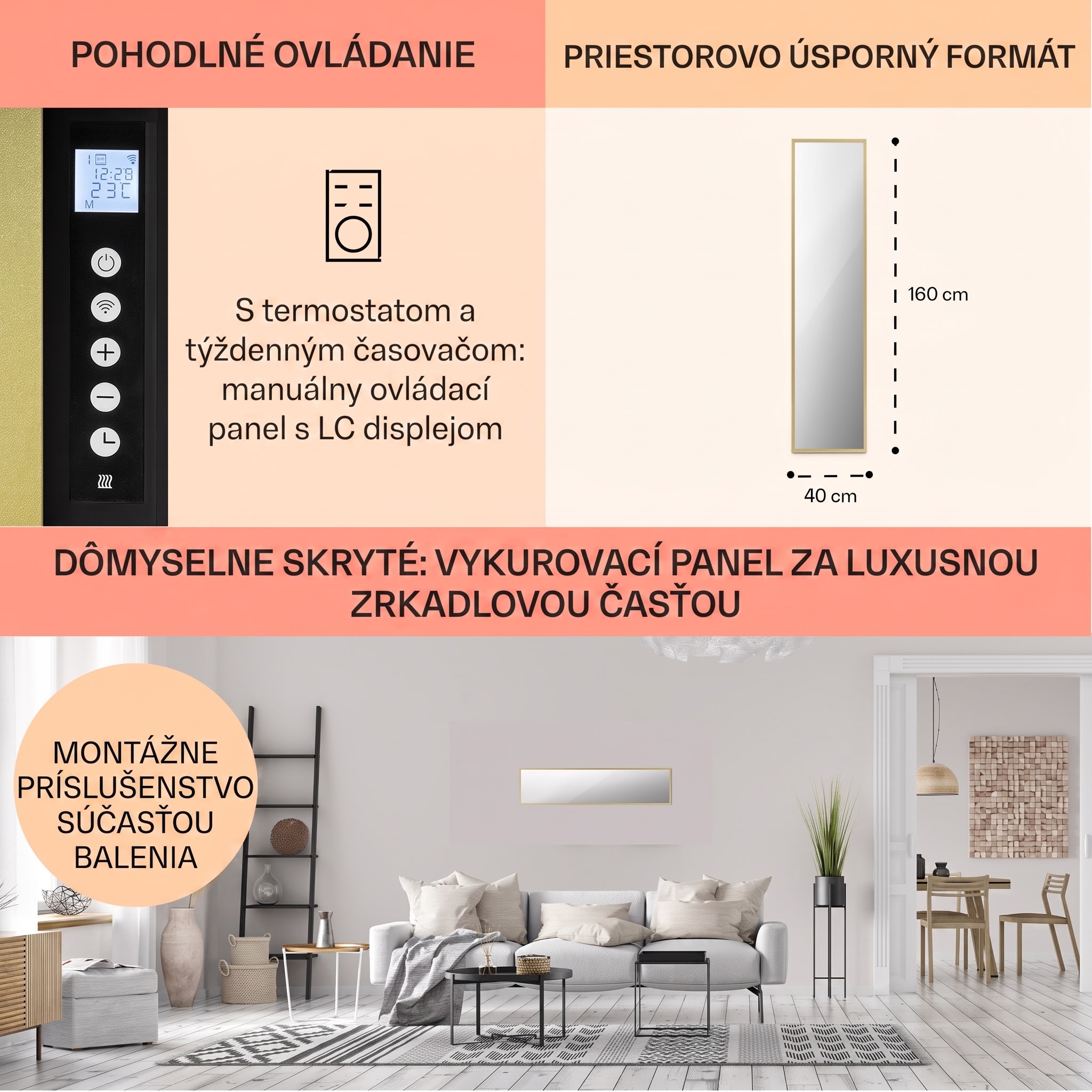 Klarstein La Palma 900 smart, infračervený ohrievač, 40 x 160 cm, 900 W, zrkadlový stojan – Obrázok 5