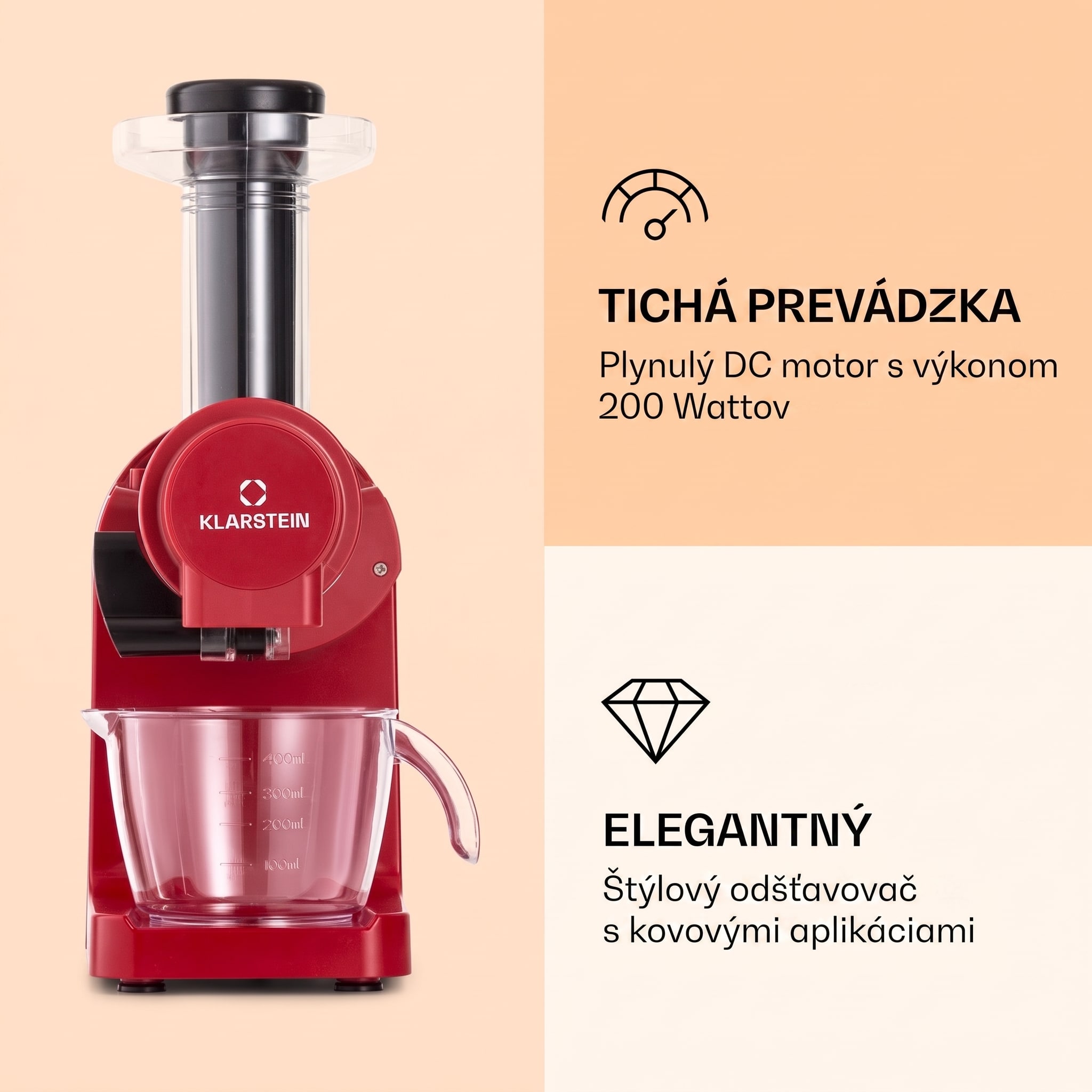 Klarstein Bella Elegance, odšťavovač, 200 W, 400 ml, bez BPA – Obrázok 2