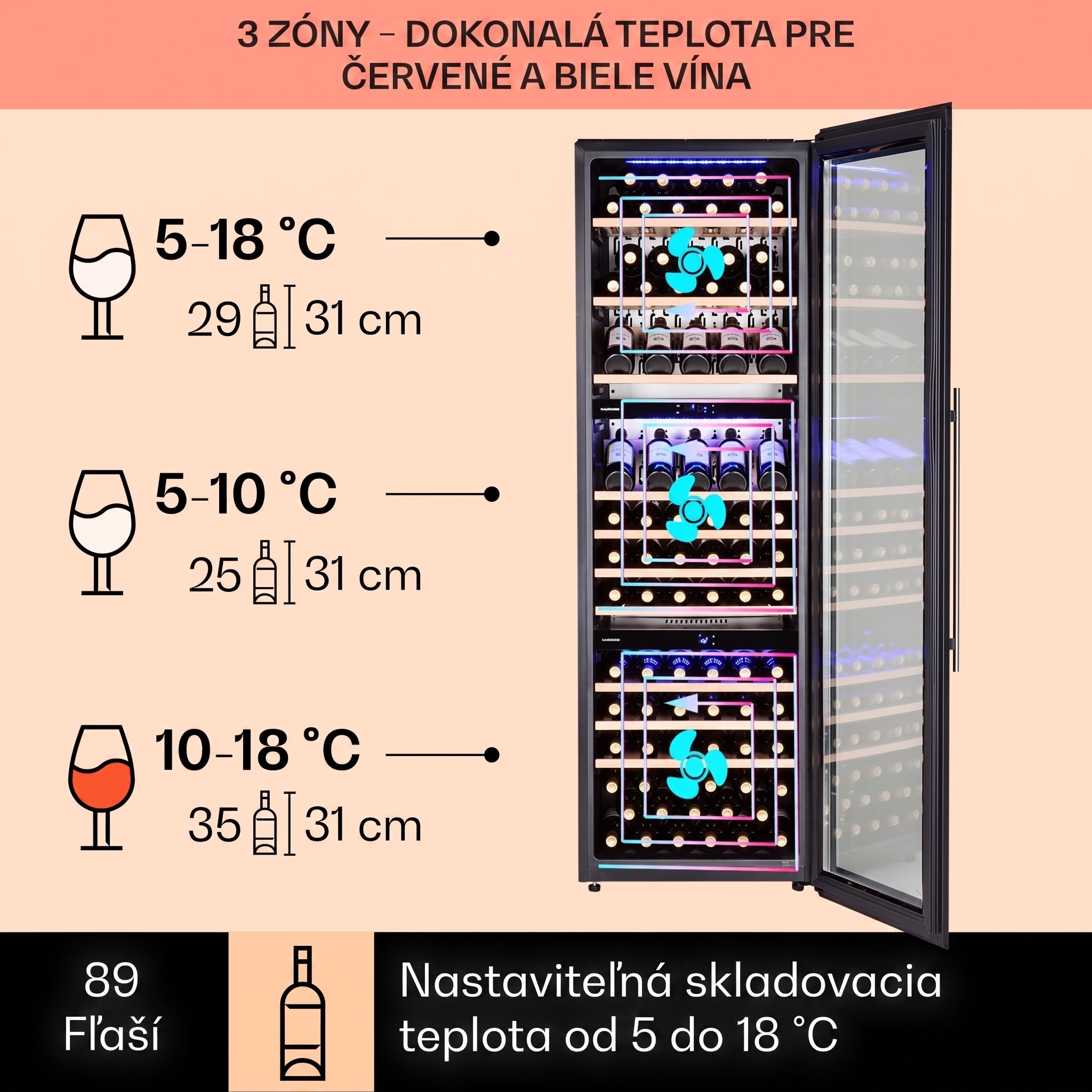 Klarstein Vinsider 89 vstavaná trojica vstavaná vinotéka 5–18 °C dotykové ovládanie drevené police – Obrázok 2