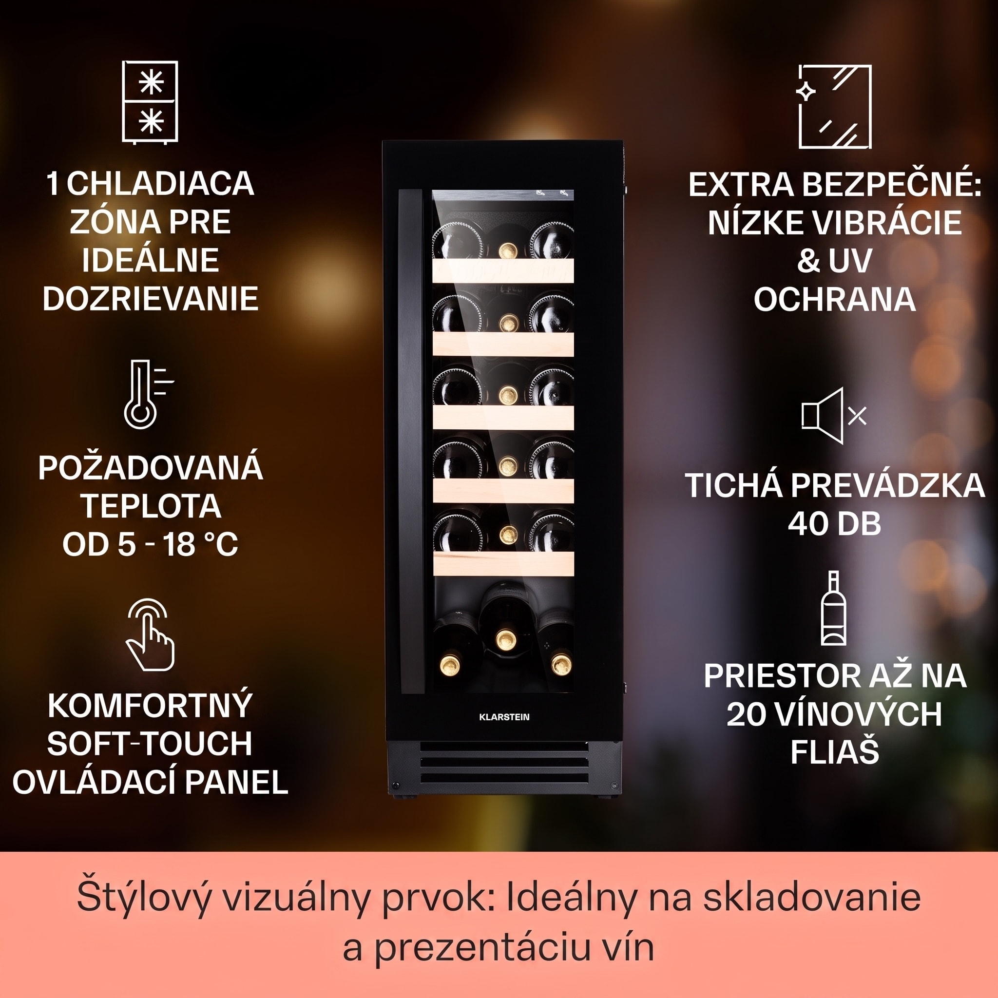 Klarstein Vinovilla 20, vstavaná vinotéka, 50 l, 20 fliaš, sklenené dvere, nehrdzavejúca oceľ