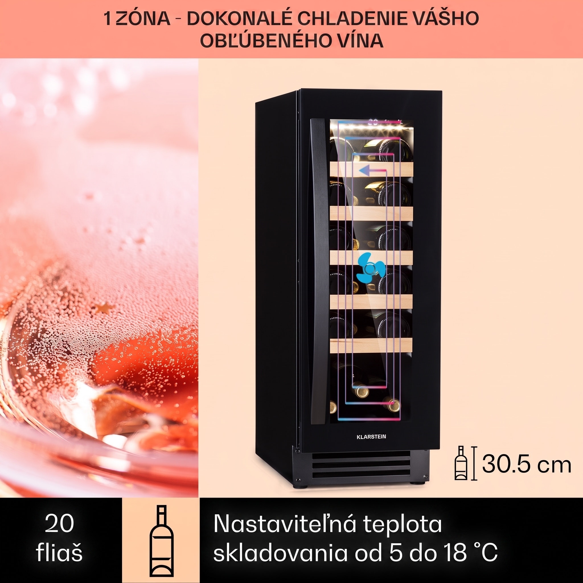 Klarstein Vinovilla 20, vstavaná vinotéka, 50 l, 20 fliaš, sklenené dvere, nehrdzavejúca oceľ – Obrázok 2