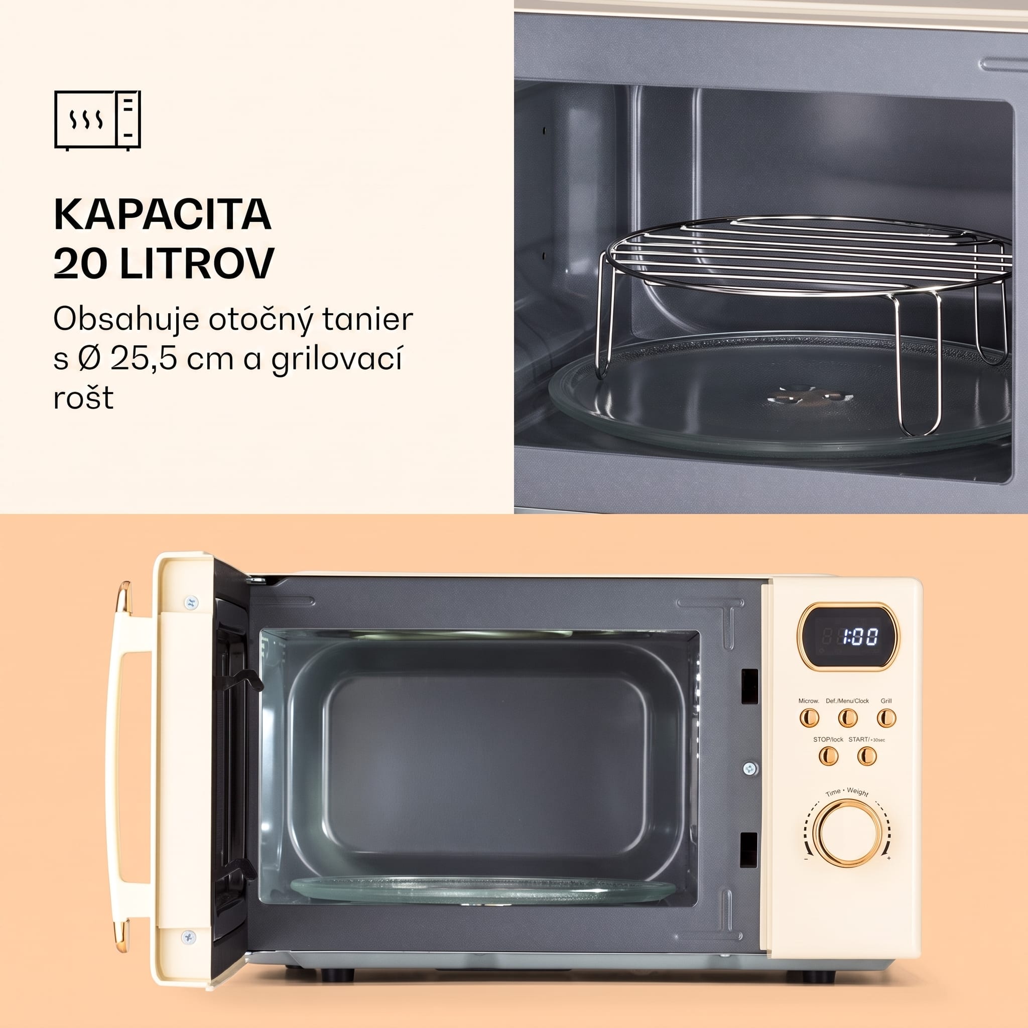 Klarstein Julieta, mikrovlnná rúra s grilom, 20 l, 700/800 W, Ø 25,5 cm, 8 programov – Obrázok 3