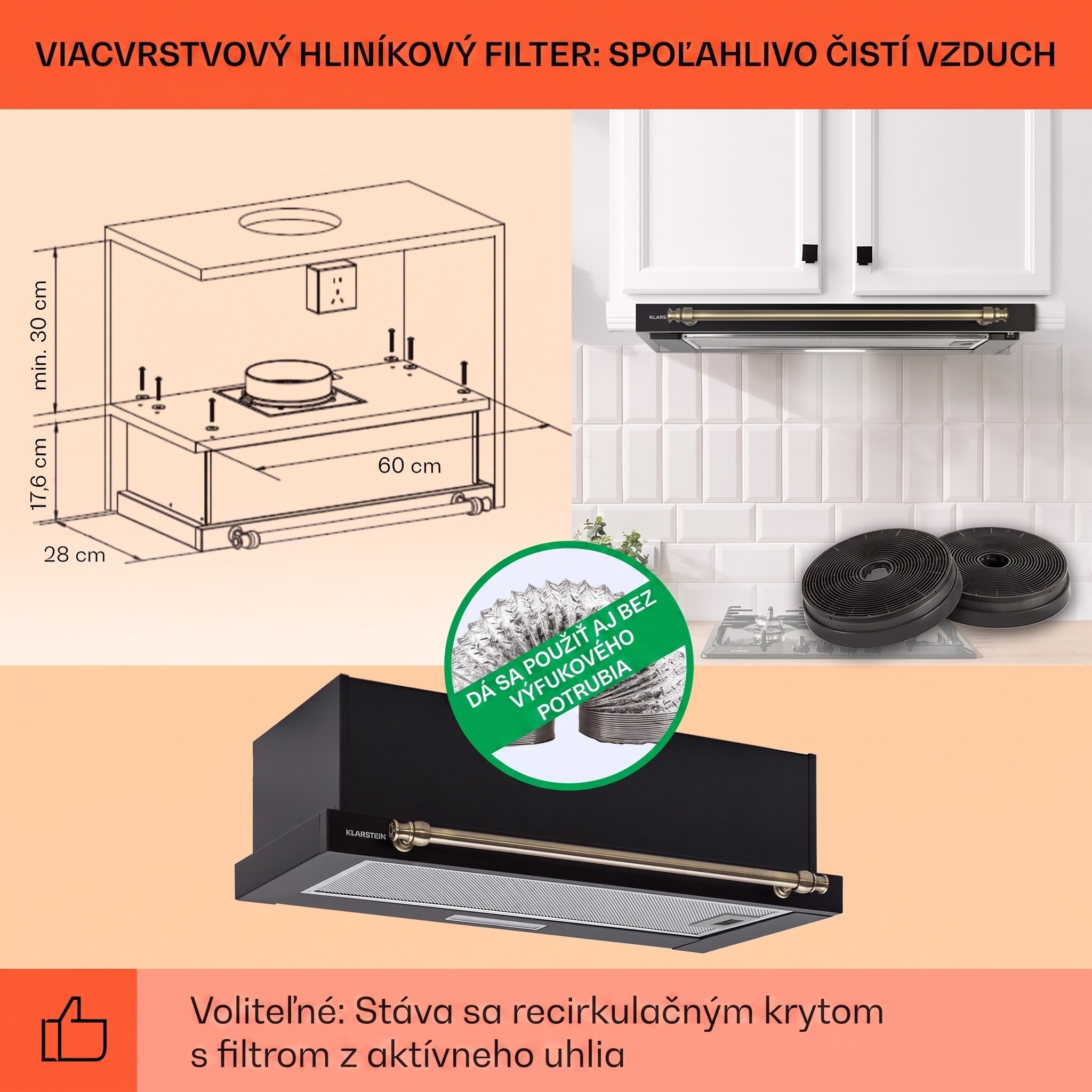 Klarstein Vilhelmine 60 Retro odsávač plochý s výkonom 320 m³/h, energetická trieda B, vysúvateľný – Obrázok 4