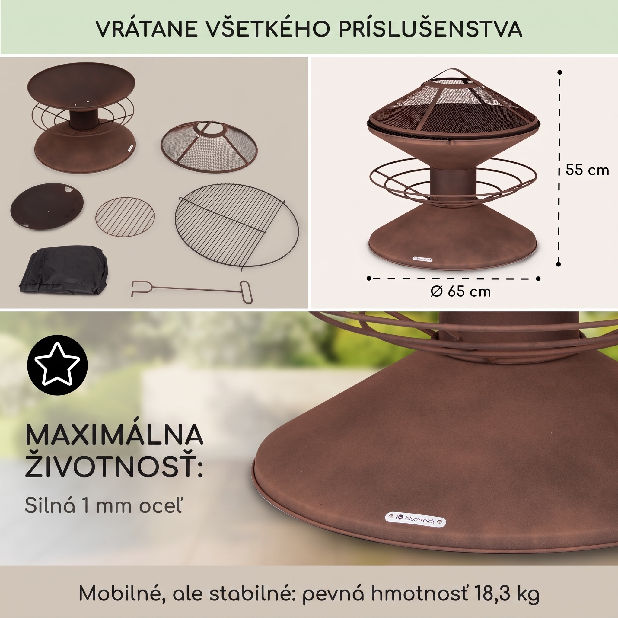 Blumfeldt Aguilera, ohnisko s grilom, Ø 65 cm, úložný priestor na drevo, oceľ – Obrázok 4
