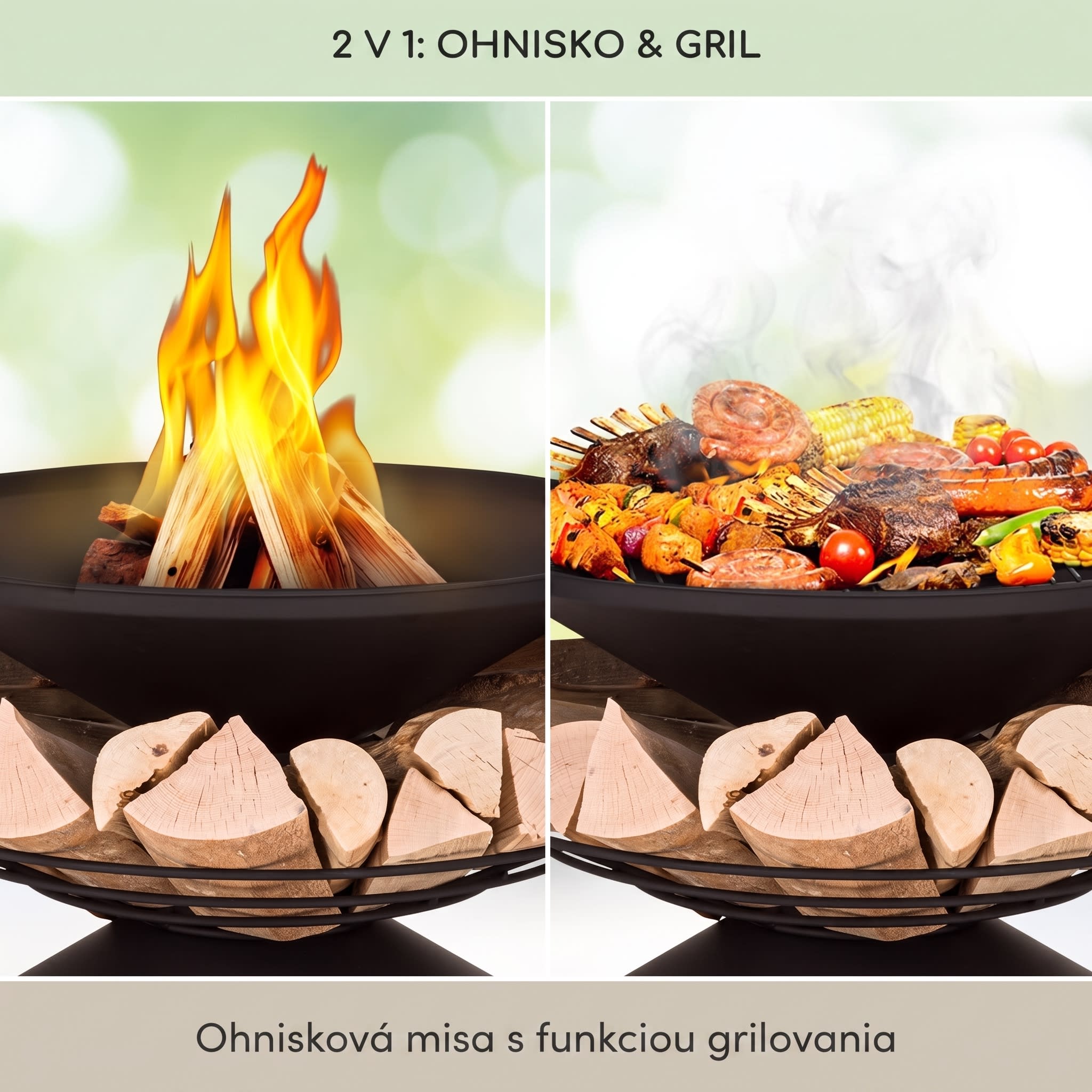 Blumfeldt Aguilera, ohnisko s grilom, Ø 65 cm, úložný priestor na drevo, oceľ