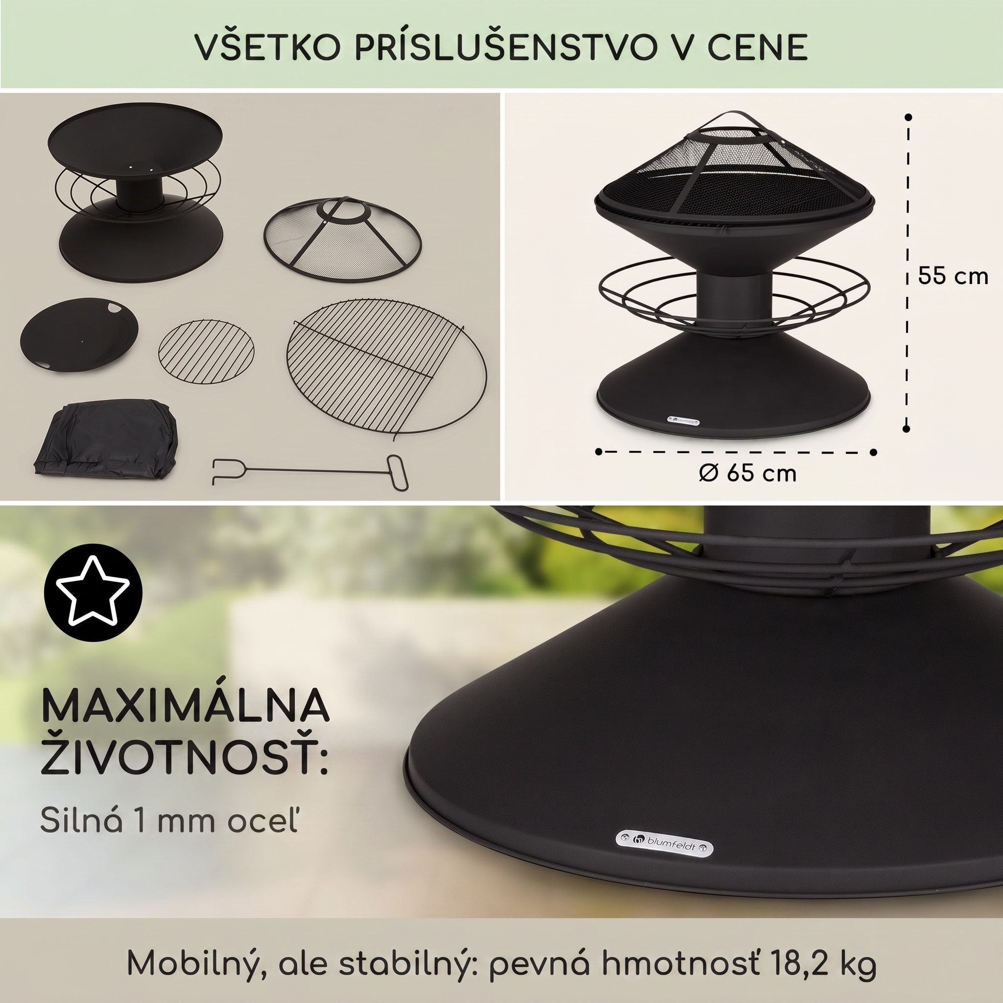 Blumfeldt Aguilera, ohnisko s grilom, Ø 65 cm, úložný priestor na drevo, oceľ – Obrázok 4