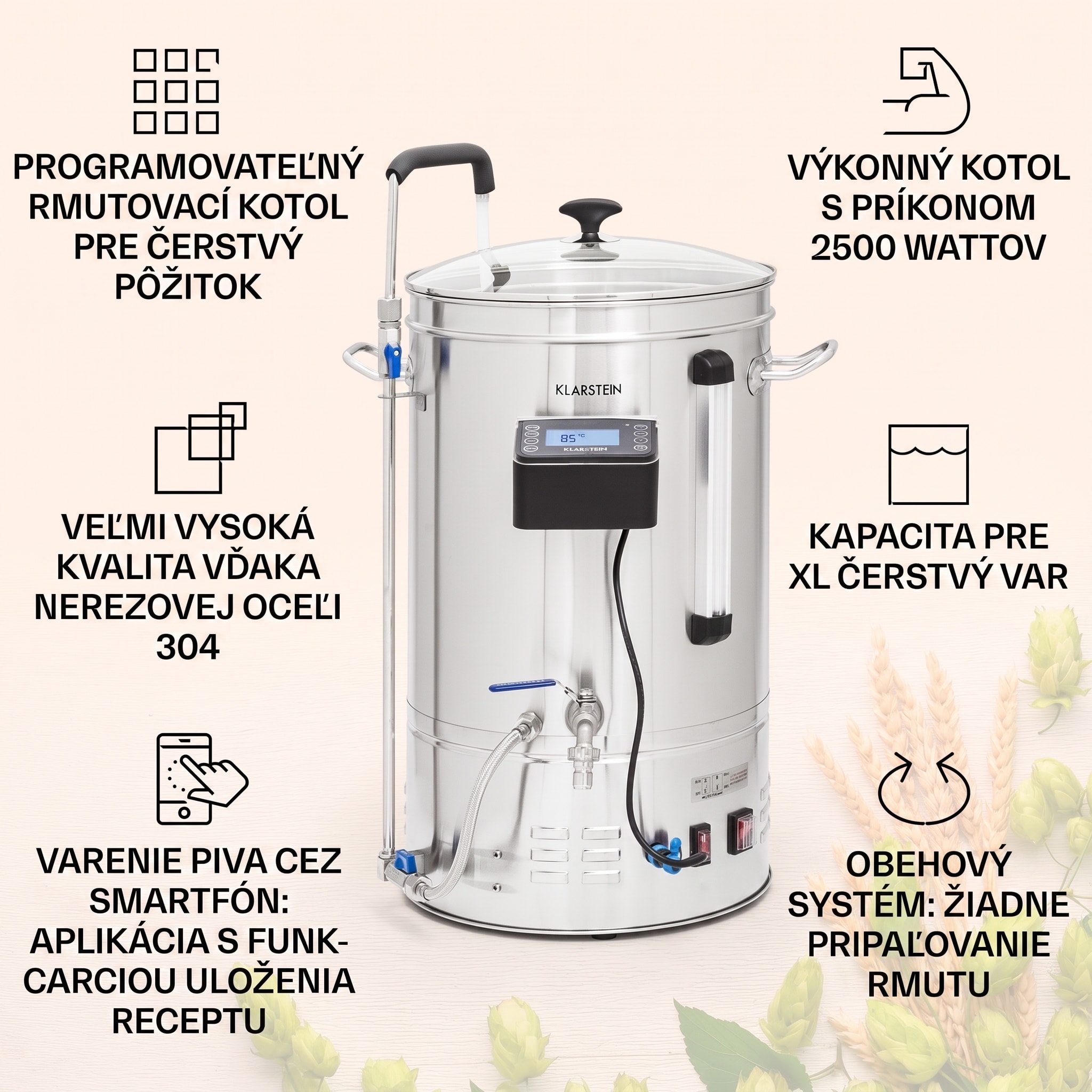 Klarstein Brauheld Smart 35, sladový kotol, 35 l, 2500 W, 100 °C, obehové čerpadlo, nehrdzavejúca oceľ – Obrázok 2