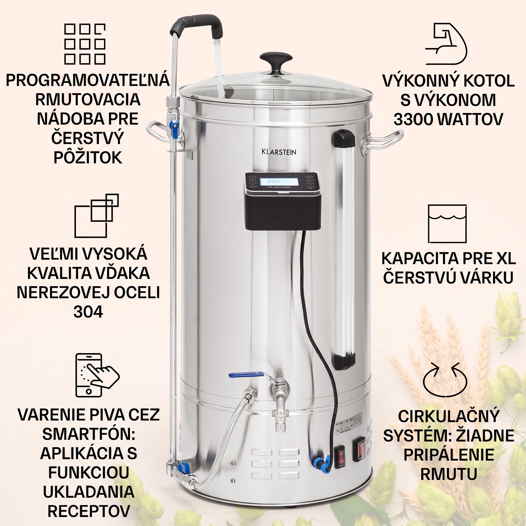 Klarstein Brauheld Smart 45, rmutovací kotol, 45 l, 2500 W, 100 °C, obehové čerpadlo, nehrdzavejúca oceľ – Obrázok 2