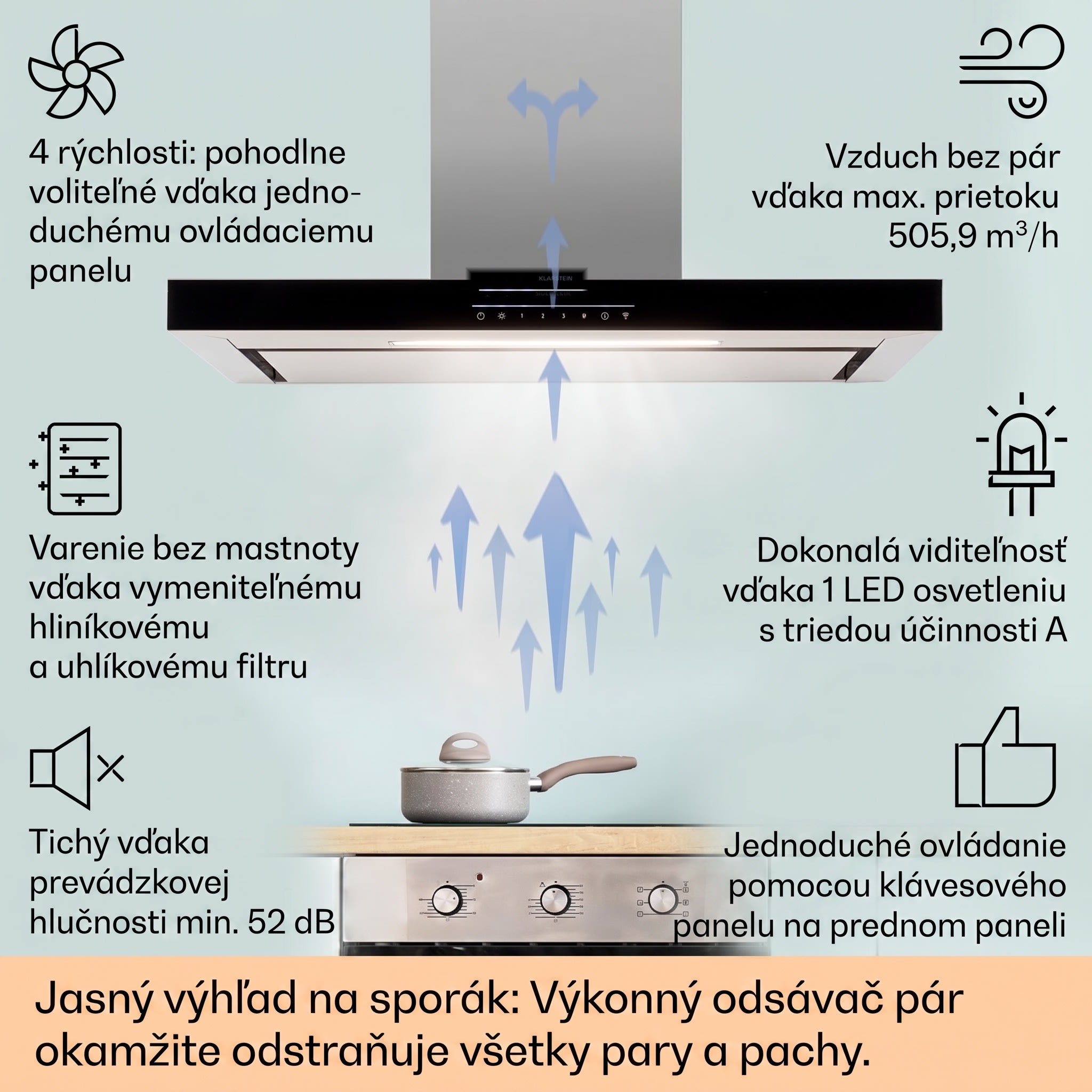 Klarstein Alinea 90 Smart, digestor, 90 cm, nástenný, WiFi, A++, 500 m³/h, dotykový displej