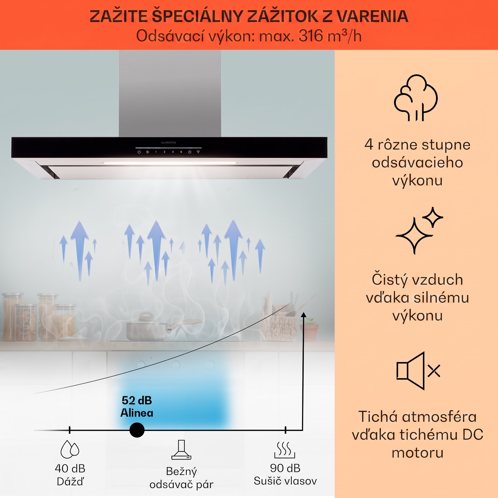 Klarstein Alinea 90 Smart, digestor, 90 cm, nástenný, WiFi, A++, 500 m³/h, dotykový displej – Obrázok 2