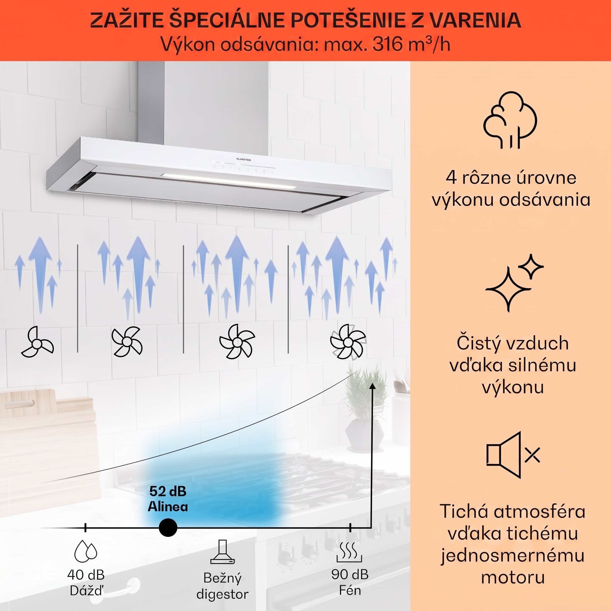 Klarstein Alinea 90 Smart, digestor, 90 cm, nástenný, WiFi, A++, 500 m³/h, dotykový displej – Obrázok 2