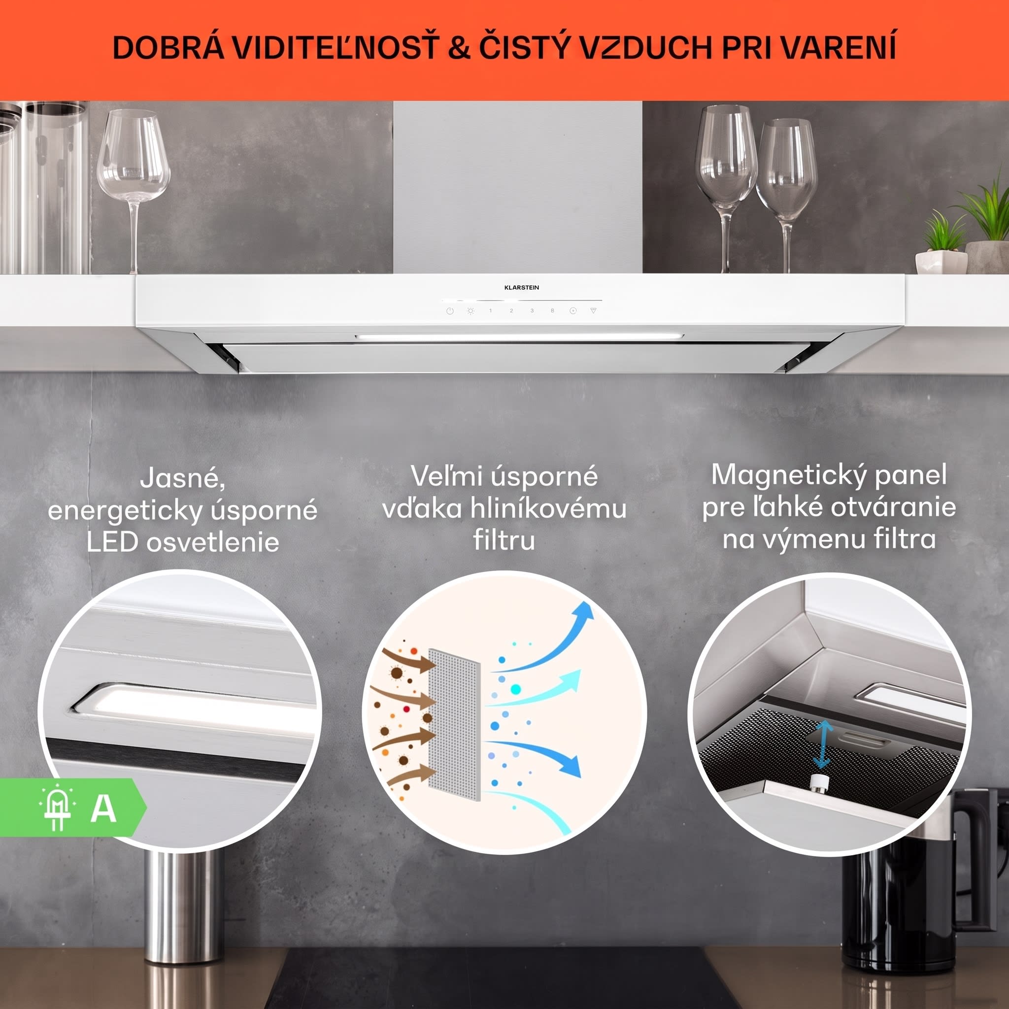 Klarstein Alinea 90 Smart, digestor, 90 cm, nástenný, WiFi, A++, 500 m³/h, dotykový displej – Obrázok 3