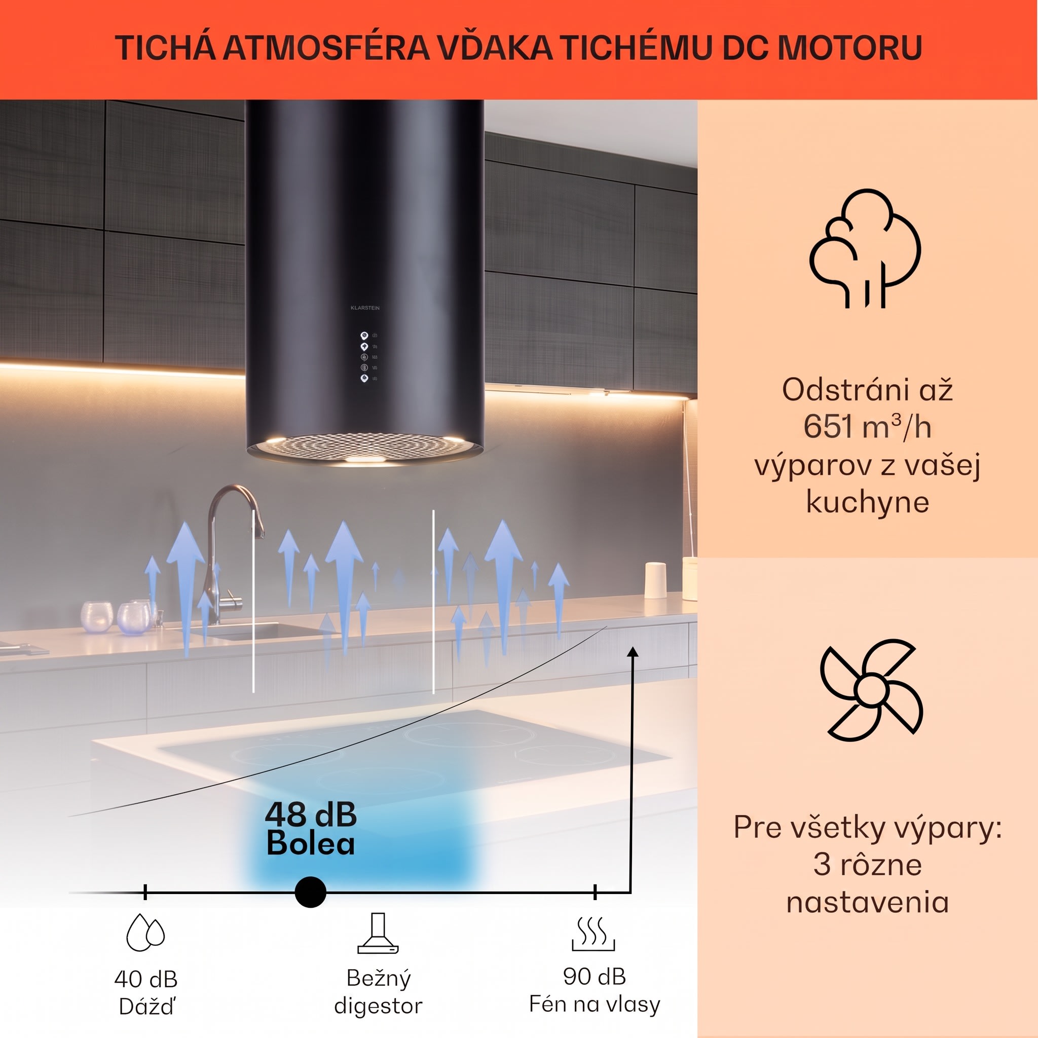 Klarstein Bolea, digestor, 38 cm, ostrovčekový, 651 m³/h, LED, filtre s aktívnym uhlím, nehrdzavejúca oceľ – Obrázok 2