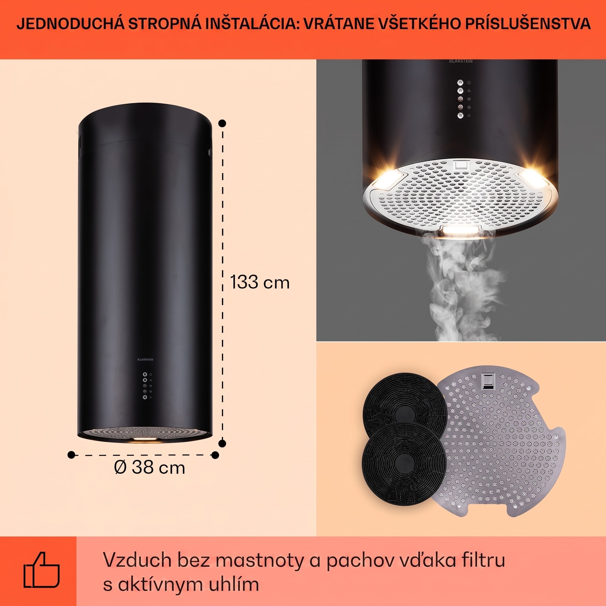 Klarstein Bolea, digestor, 38 cm, ostrovčekový, 651 m³/h, LED, filtre s aktívnym uhlím, nehrdzavejúca oceľ – Obrázok 4