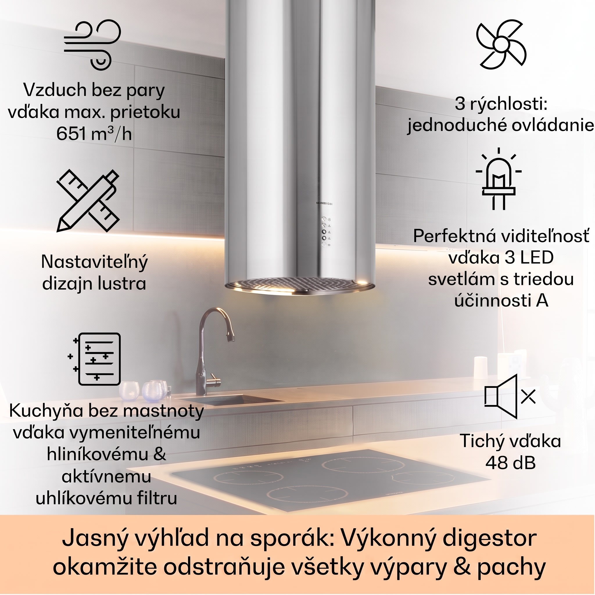 Klarstein Bolea, digestor, 38 cm, ostrovčekový, 651 m³/h, LED, filtre s aktívnym uhlím, nehrdzavejúca oceľ