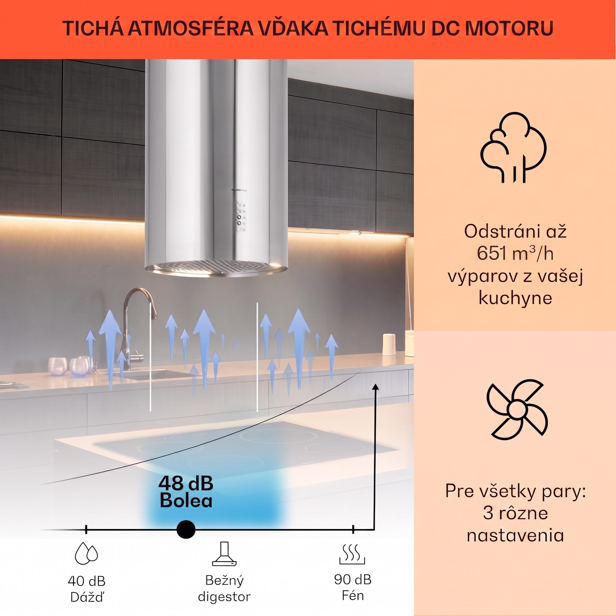 Klarstein Bolea, digestor, 38 cm, ostrovčekový, 651 m³/h, LED, filtre s aktívnym uhlím, nehrdzavejúca oceľ – Obrázok 2
