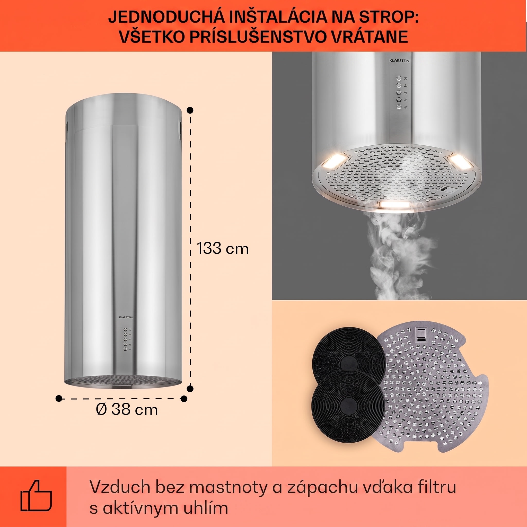 Klarstein Bolea, digestor, 38 cm, ostrovčekový, 651 m³/h, LED, filtre s aktívnym uhlím, nehrdzavejúca oceľ – Obrázok 4