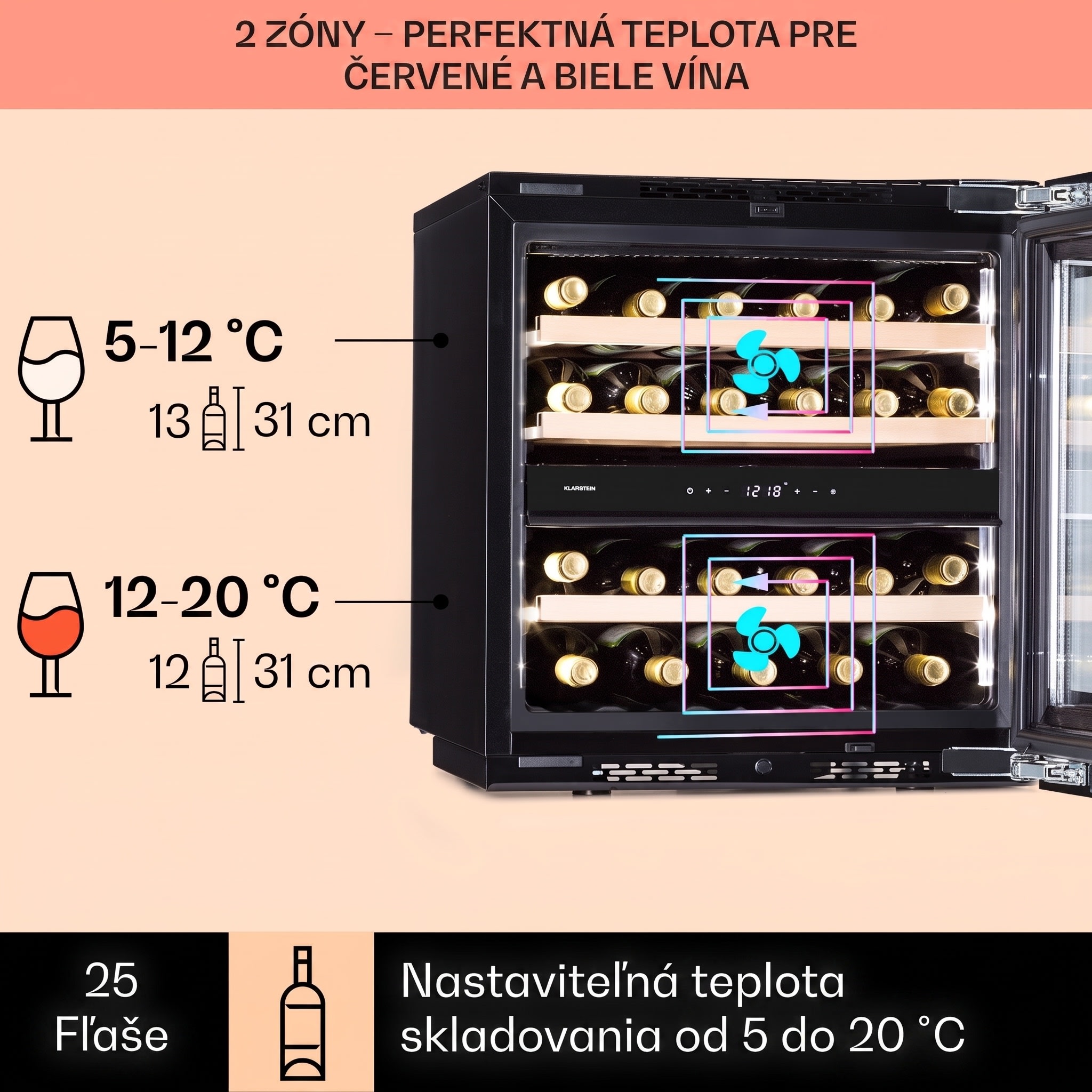 Klarstein Rhône 25 Duo, vinotéka, 75 l, 25 fliaš, 2 zóny, kompresné chladenie – Obrázok 2
