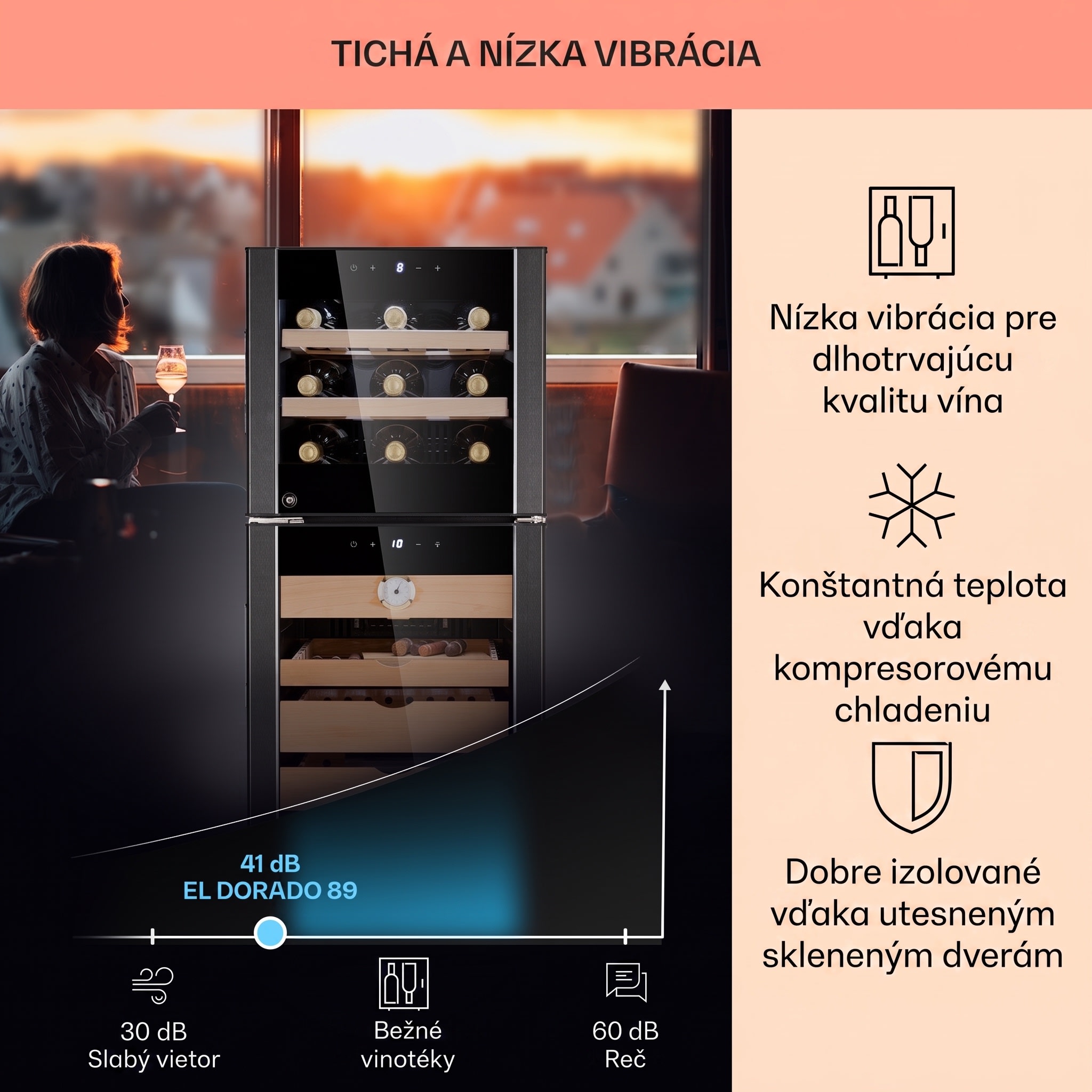 Klarstein El Dorado 89, humidor a chladnička na víno, 89 l, dotykové ovládanie, LED – Obrázok 2